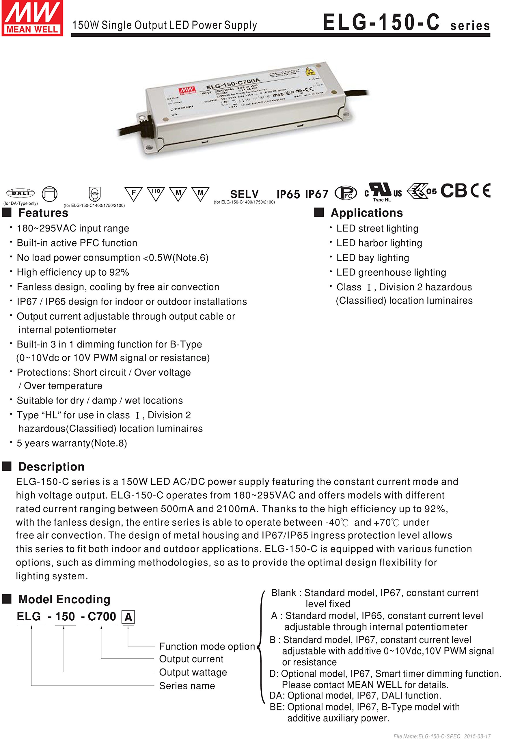 MW Mean Well ELG-150-C1400 107V 1400mA 150W LED Power Supplies LED Driver Water & Dust-Proof