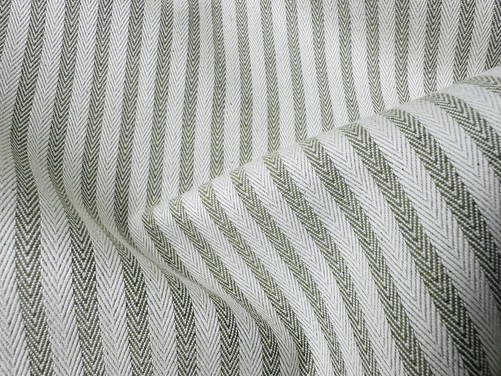 Tissu à chevrons 5 mm aspect lin pour coussin rayé, lignes crème, décoration d'intérieur, couture – 328 cm extra large – Vendu au mètre – Vert
