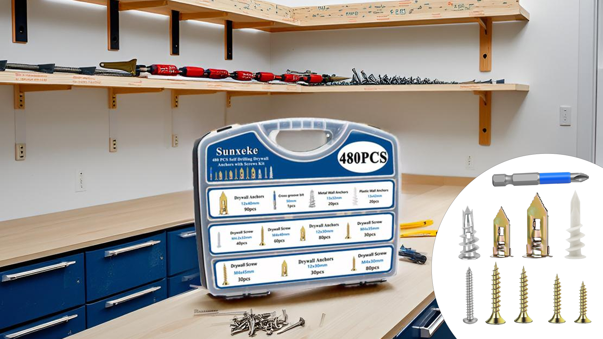 Image of 480 PCS Self Drilling Drywall Anchors Kit with Screws - 4 Sheetrock Anchors & 5 Screw Sizes (2026 Upgraded), No Drill Needed, Zinc Plated Steel and Plastic, Heavy Duty Wall Anchors