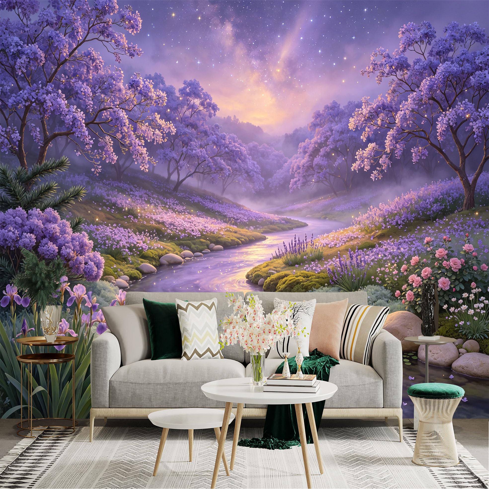 Lnzczhyre Bh260719266 Custom Size Wall Sticker Mural， Dreamy Lavender Forest， Flowing River， Magical Sunset Sky， Enchanting Floral Landscape， For Wall Decoration， Peelandstick Wall Decals.