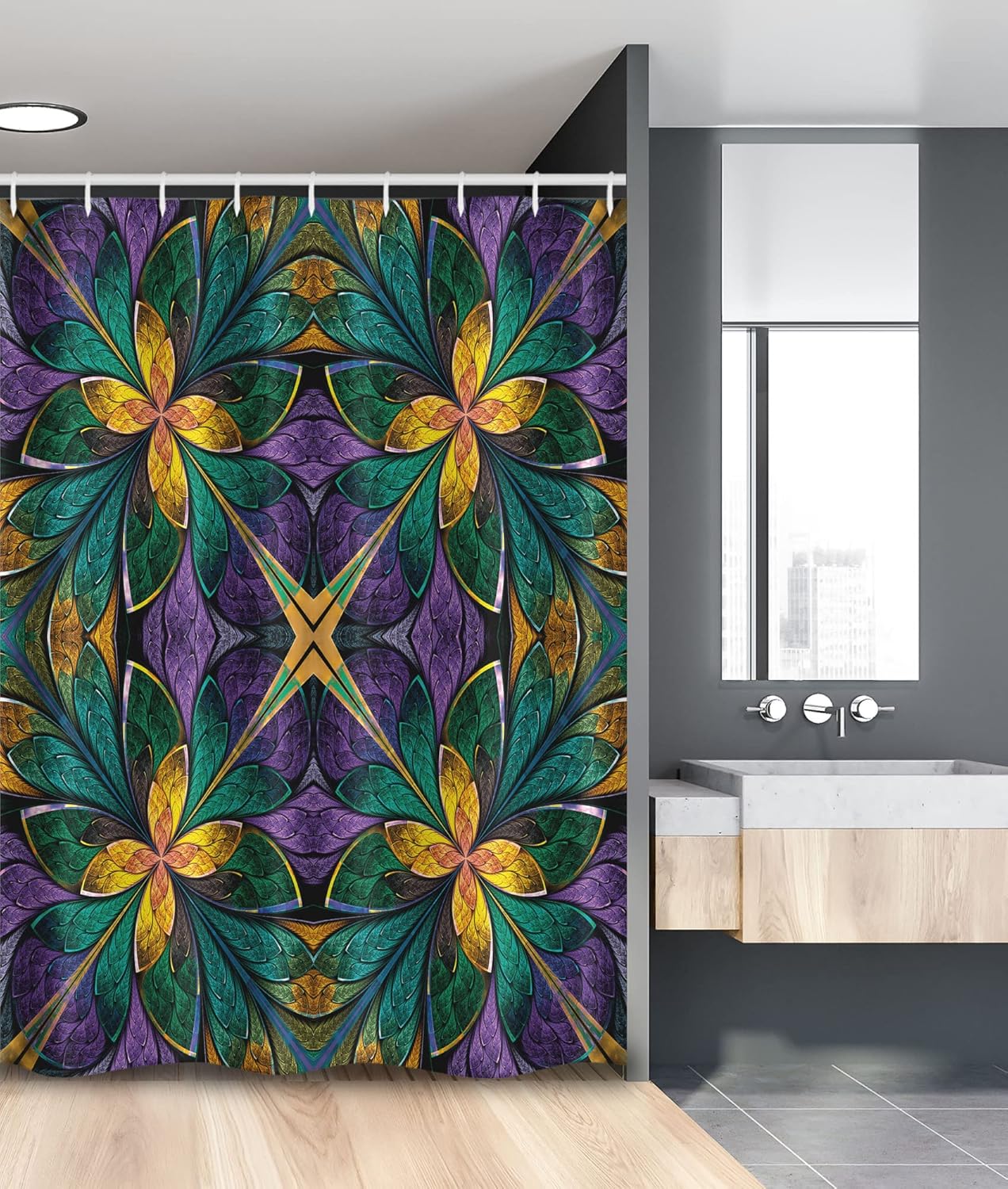 Ambesonne Fractal Stall Shower Curtain, Antique Ornate Symmetric Stained Glass Mosaic Window Style Floral Tile Pattern, Fabric Bathroom Decor Set with Hooks, 54" W x 78" L, Green Purple