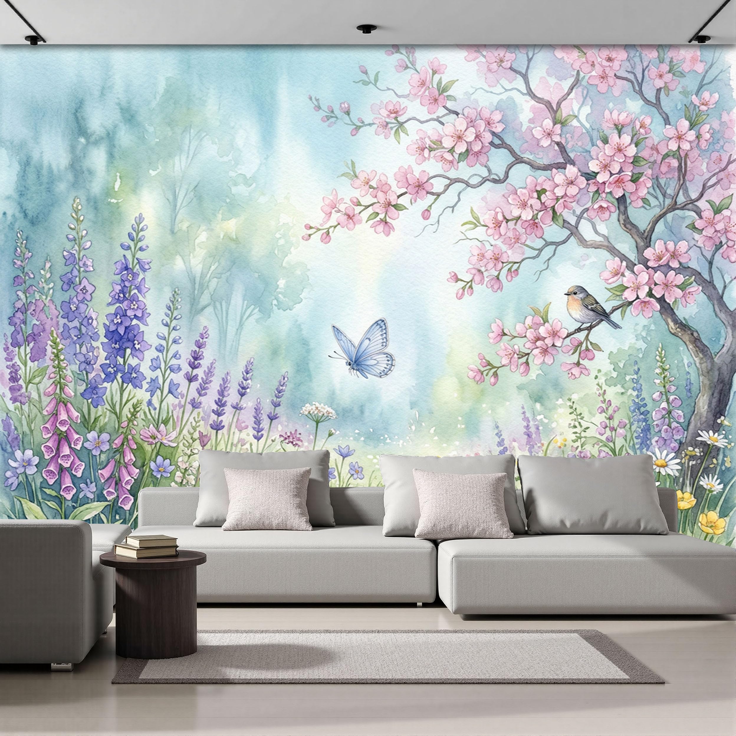 Papier peint panoramique fleurs aquarelles 200x140cm cerisier en fleurs papillon oiseau bleu-vert
