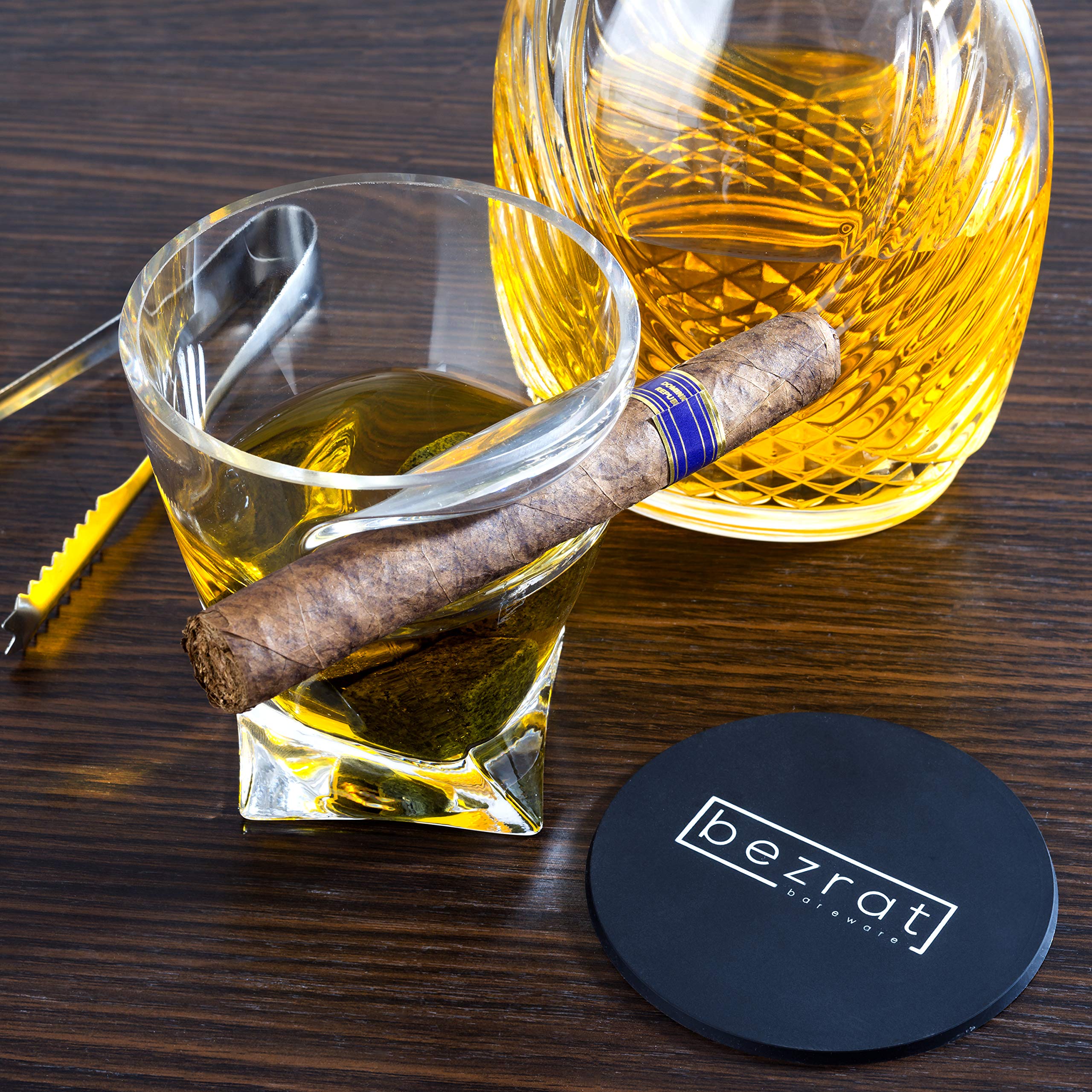 Vasos de cigarro de whisky con soporte para puros montado lateral, 10 onzas + piedras enfriadoras de whisky y accesorios en caja de madera, juego de bourbon escocés para papá, marido, día del padre, 6