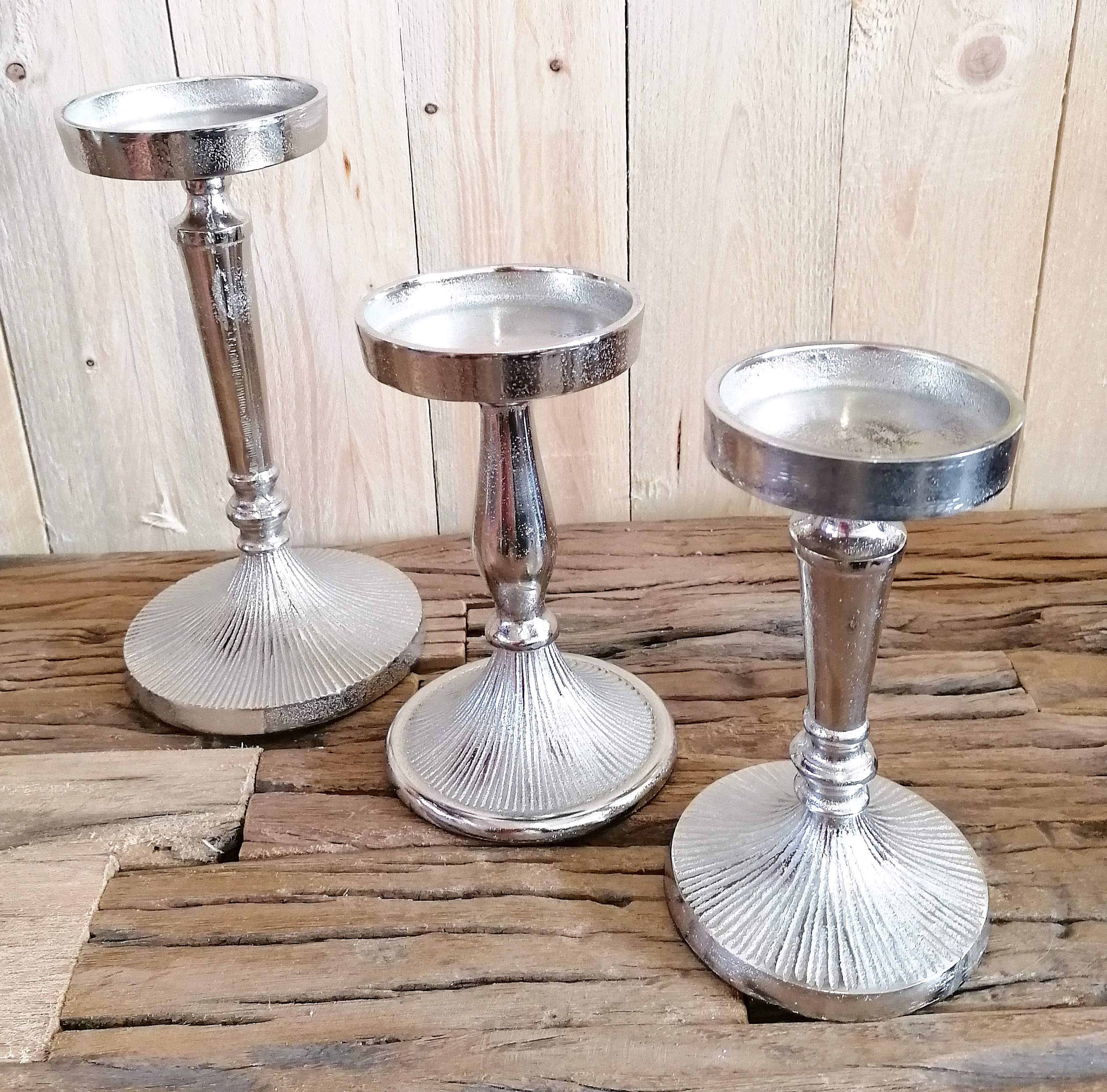 MichaelNoll Kerzenständer 3er Set Kerzenhalter Aluminium Silber - Kerzenleuchter Modern für Stumpenkerzen - H 17,5 cm / 18,0 cm / 23,5 cm