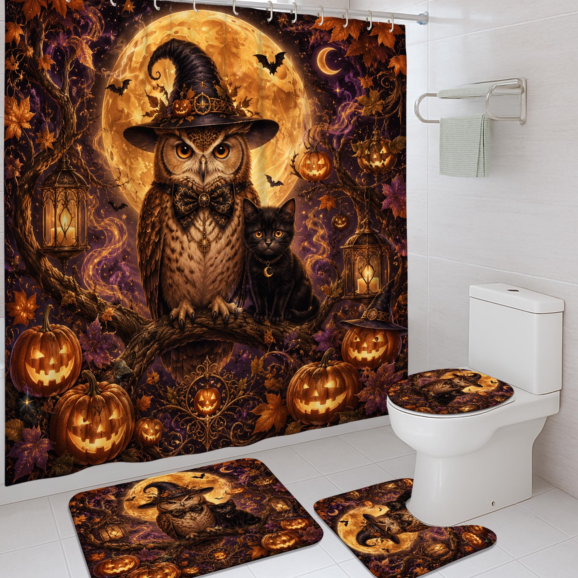 Rideau de douche Halloween chouette et citrouilles pour baignoire d'appartement orange 183x183