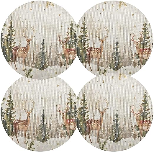 ALAZA Christmas Forest Deer Gold Snowflakes01 Round