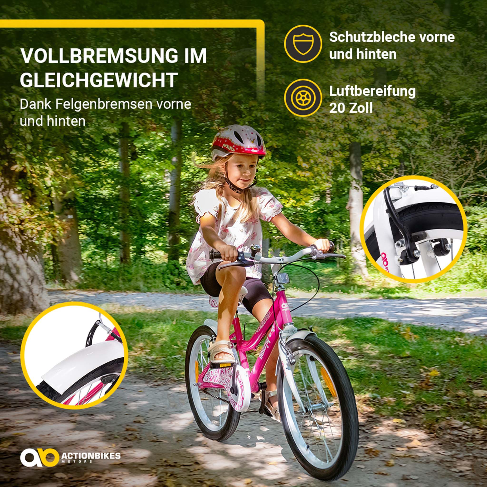 Actionbikes Kinderfahrrad Butterfly | 20 Zoll - V-Brake Bremsen - Schutzblech v. und h. - Kinder Fahrrad für Mädchen - Fahrräder - Kinderrad - Jugendrad - Von 6-9 Jahren