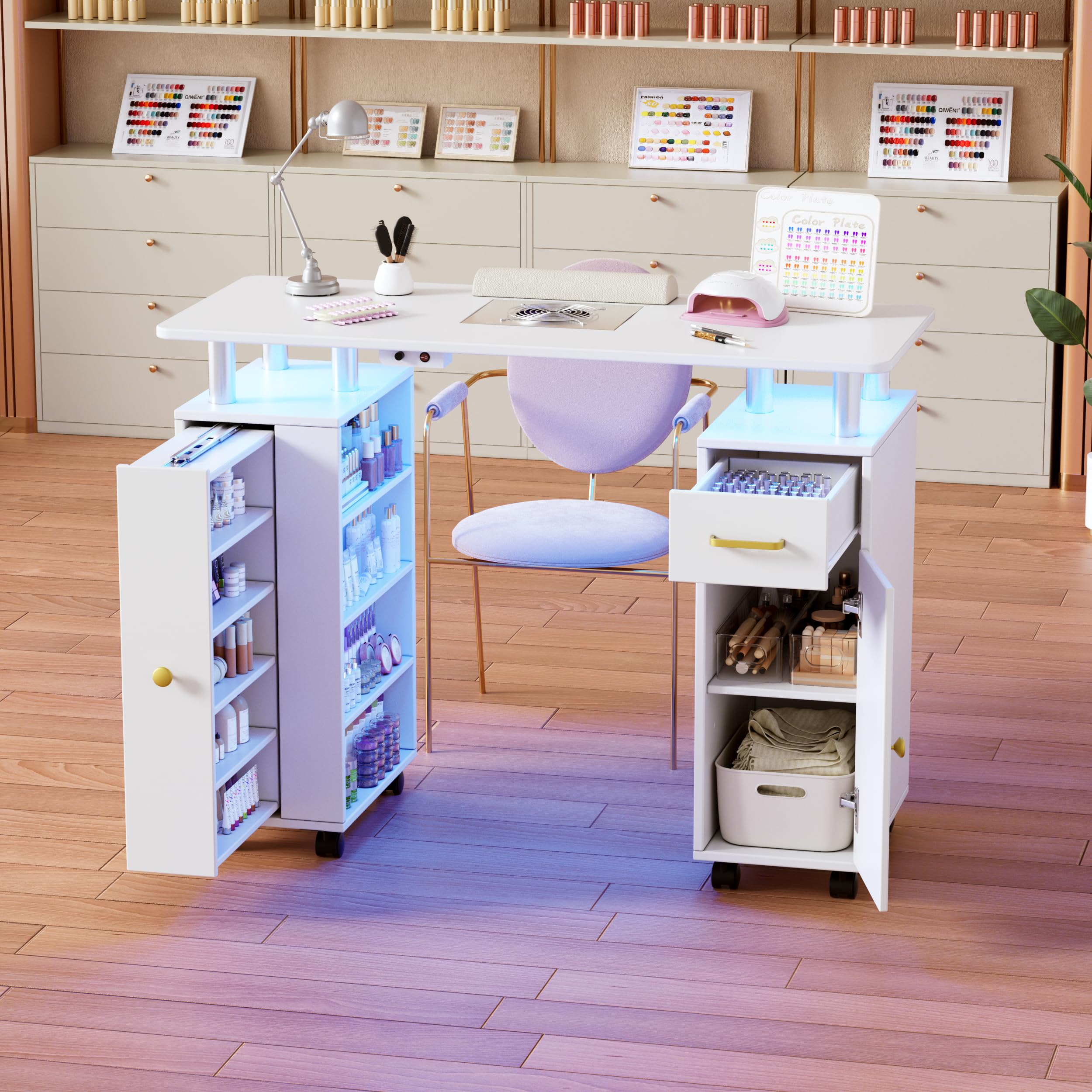 Mesa de uñas con extracción de polvo, mesa de manicura profesional para diseño de uñas, mesa estable con luces LED, 1 armario vertical y estante abierto, 2 bolsas de aspiradora