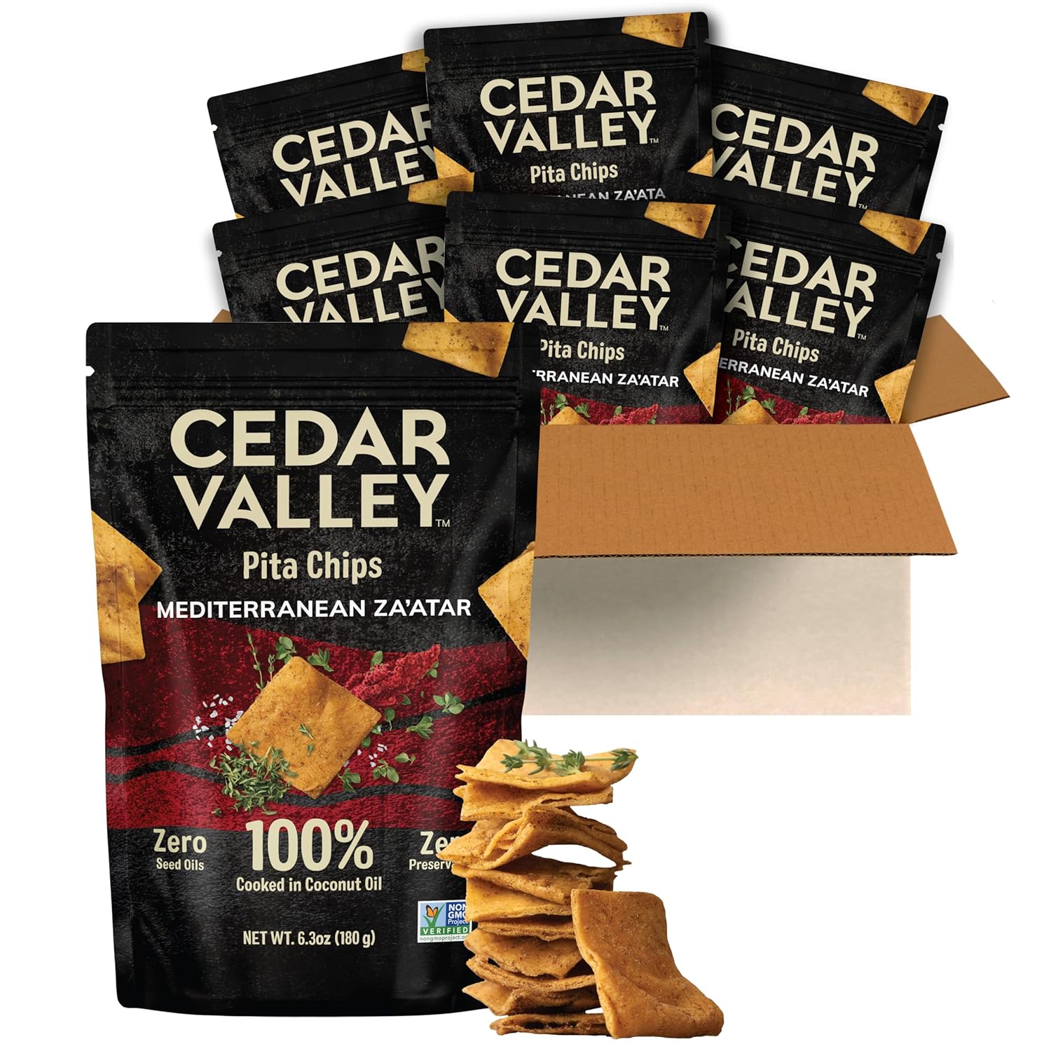 Cedar Valley Pita Chips Mediterranean Za’atar | 180g (Pack of 6) | Seed Oil Free, Cooked in 100% Coconut Oil | Crisp, Golden & Flaky | No Preservatives, Non-GMO Ingredients | Healthy Snacks