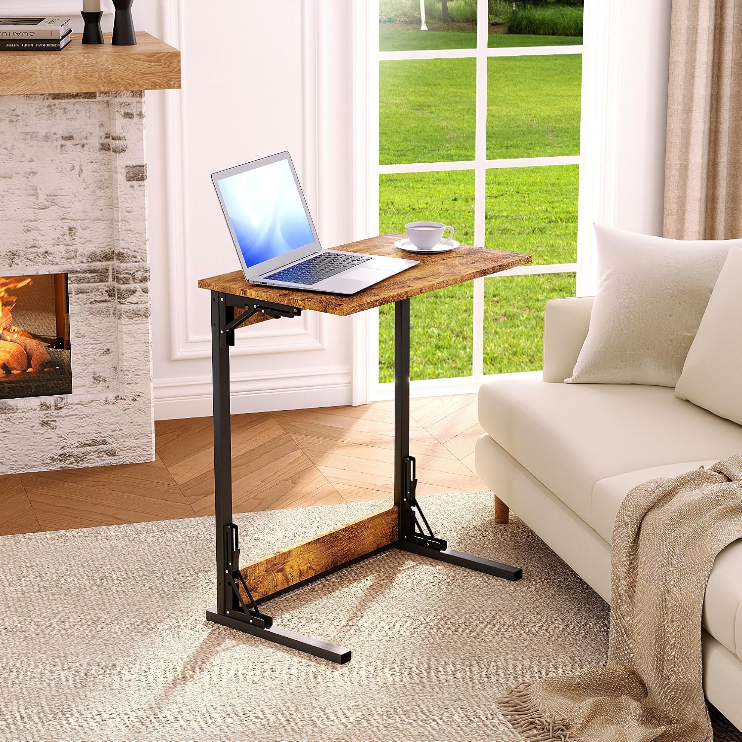 HOMPUS C Shaped End Table, 23.6'' Foldable TV Dinner Tray Table, Fully Assembled, Slide Under Couch Table, Laptop C Table for Living Room, Small Spaces, Bedroom, Rustic Brown