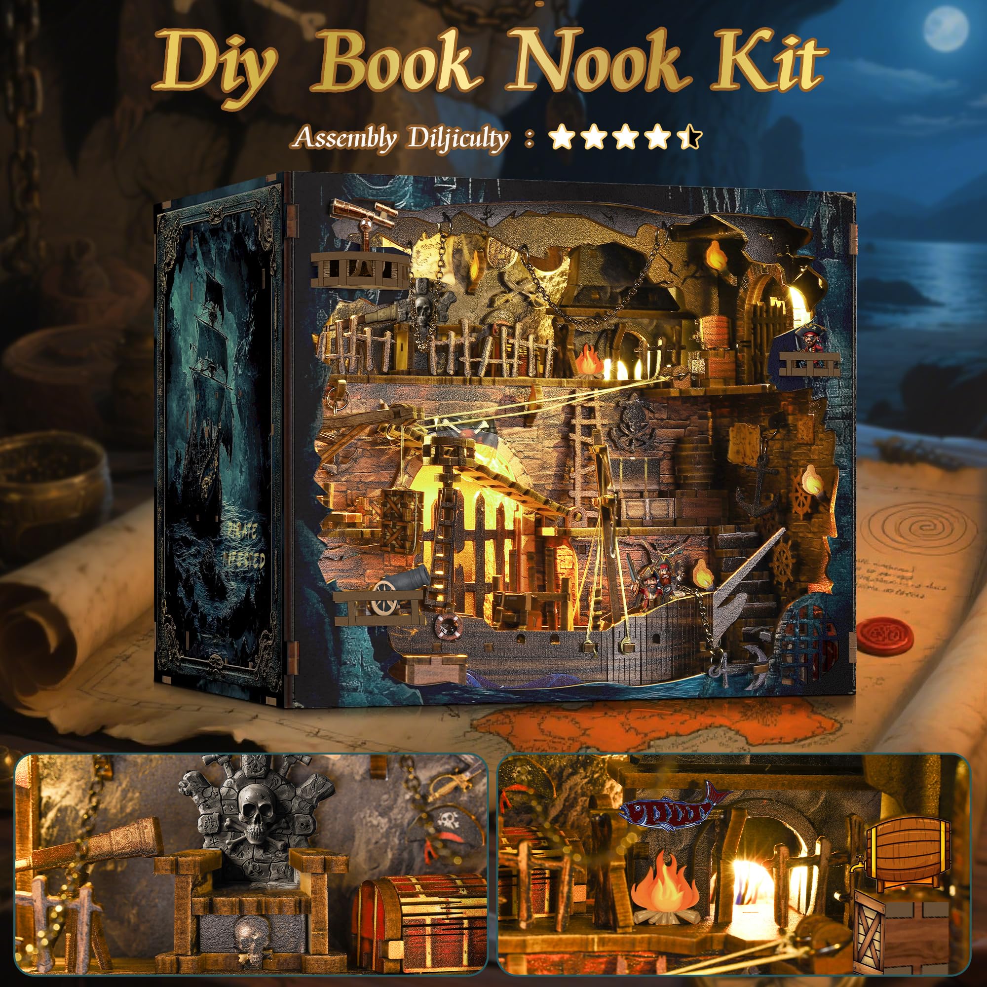 NookMaster Book Nook Kit DIY Miniature Dollhouse Piratenbucht, 3D Holzbausatz mit LED Licht und Staubschutz, Geschenke für Erwachsene Bücherfans