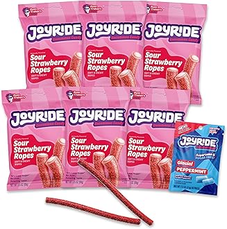 JOYRIDE Sour Strawberry Ropes - 3.5 oz 6-Pack Bundle with 2.5oz Glacial Peppermint Gum, Low Sugar Licorice, Low Calorie Sour Candy Ropes, Strawberry Flavor, Dye Free and Plant Based Candy (7 Items)