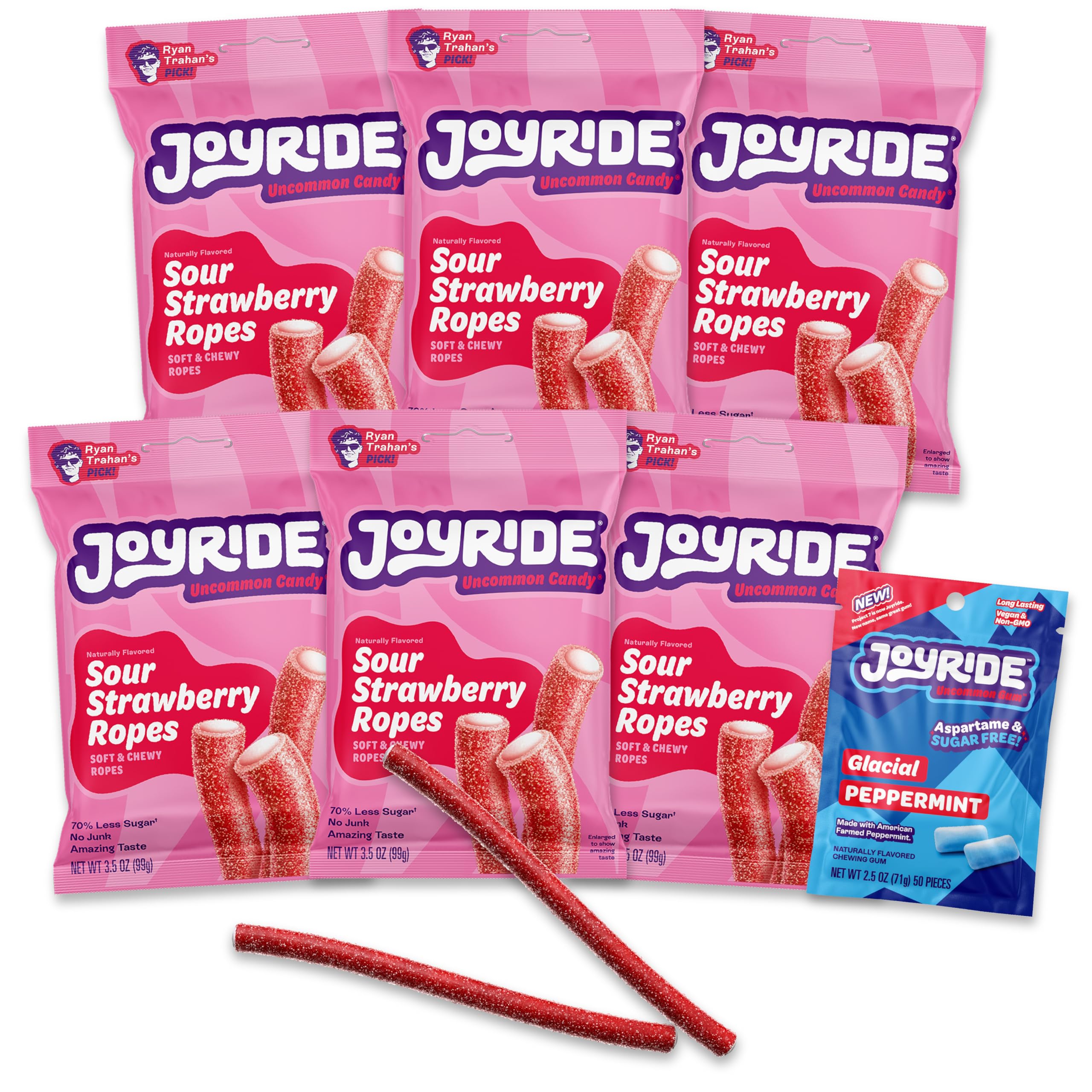 JOYRIDE Sour Strawberry Ropes - 3.5 oz 6-Pack Bundle with 2.5oz Glacial Peppermint Gum, Low Sugar Licorice, Low Calorie Sour Candy Ropes, Strawberry Flavor, Dye Free and Plant Based Candy (7 Items)