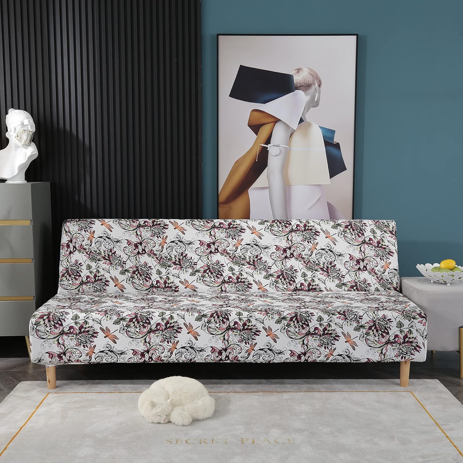 Beacon Pet Printed Futon Cover Stretch Sofa Bed Slipcovers Full Twin Queen Size Armless Couch Loveseat Protector Covers with Elastic Bottom for Living Room Bedroom Furniture (Autumn Love)