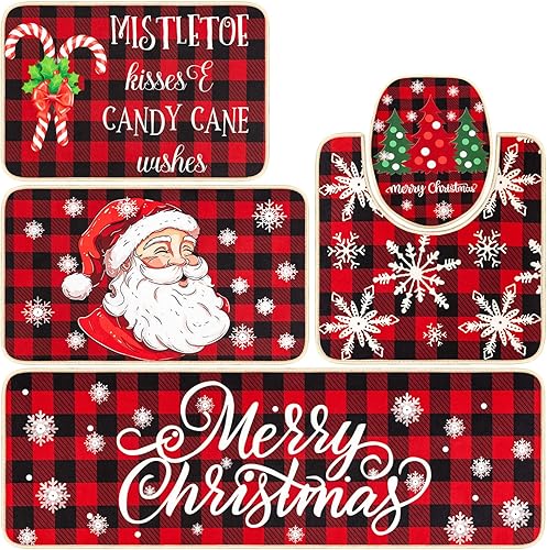 Ceenna Juego de 5 alfombras de cocina de Navidad antideslizantes a cuadros de nieve, Papá Noel, juego de alfombras de cocina de Navidad, decoración