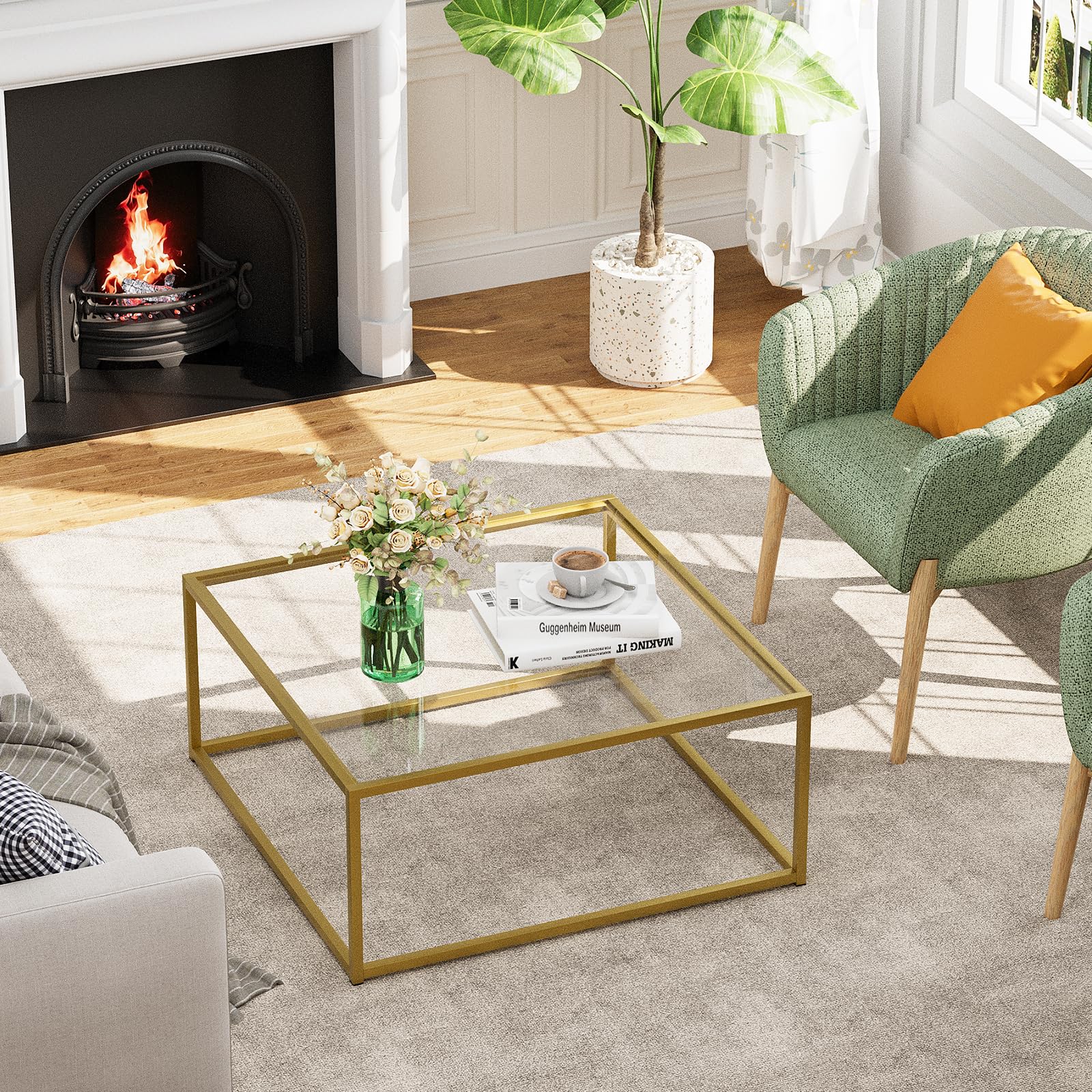 Glas-Couchtisch, kleiner quadratischer Couchtisch für Wohnzimmer, schlichter, moderner Mitteltisch für kleine Räume, goldfarbener Wohnzimmer-Teetisch,