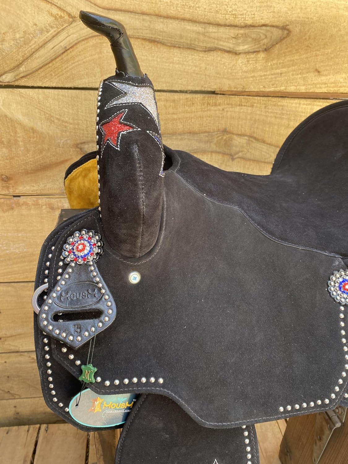Western Saddle Tack, Handcrafted on Real Genuine Leather, Barrel Saddle for Horse Riders for 4th July Independence Day Glitter Star