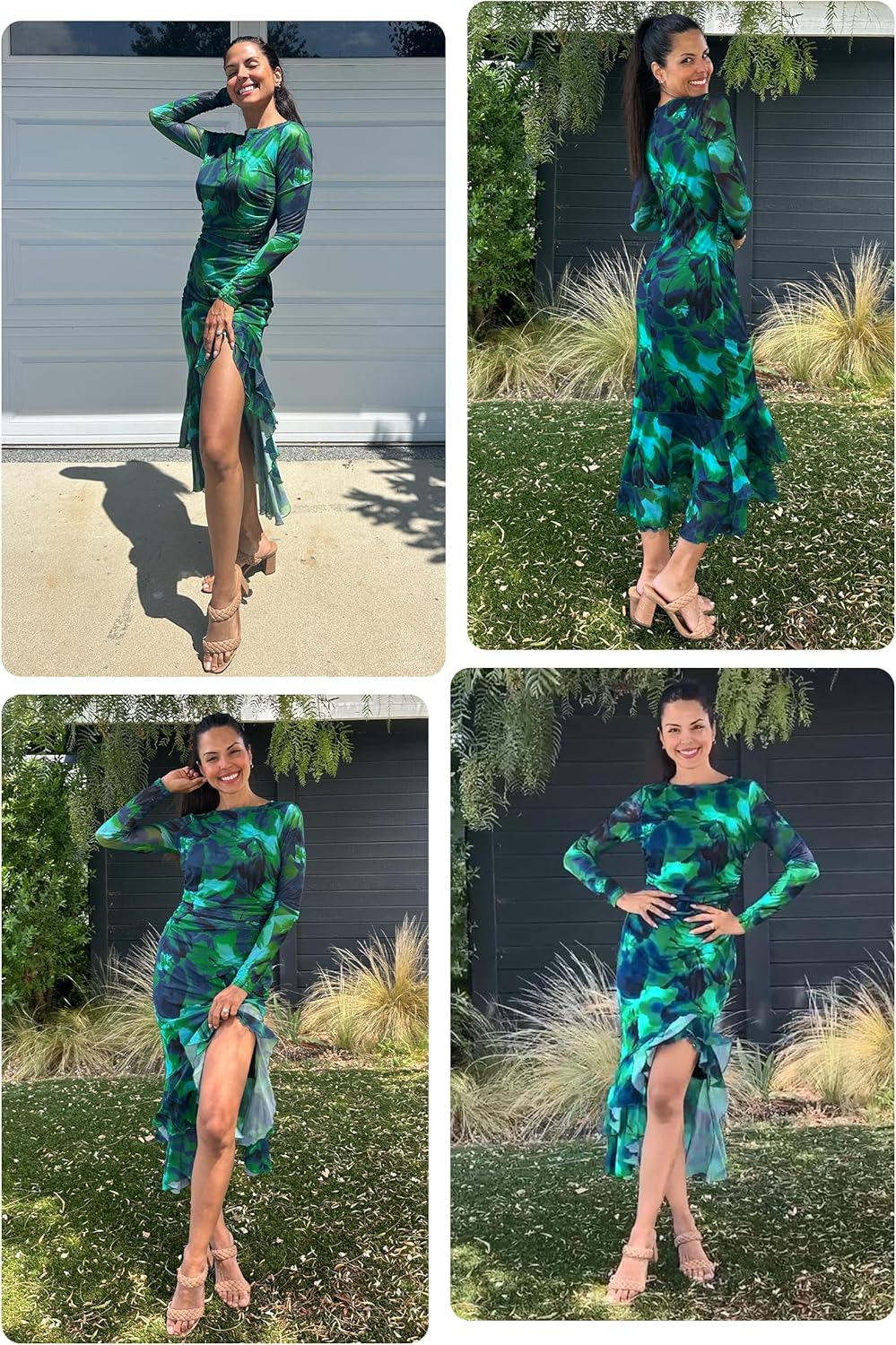 ECOWISH Women's Spring Wedding Guest Dress 2026 Long Sleeve Ruched Bodycon Floral Ruffle Cocktail Party Maxi Dresses - Image 5