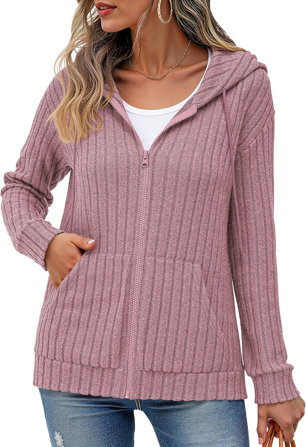 VIISHOW Womens Fall Lightweight Zip Up Hoodies Sweatshirts Comfy Loose Long Sleeve Sweatshirt Solid Color Jacket with Pockets