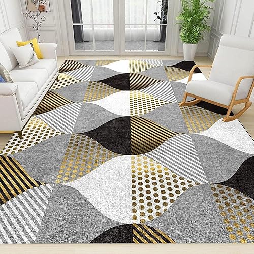 Alfombra nórdica de geometría abstracta negra, blanca y dorada, moderna alfombra decorativa con líneas de lunares y remolinos, alfombra fácil de