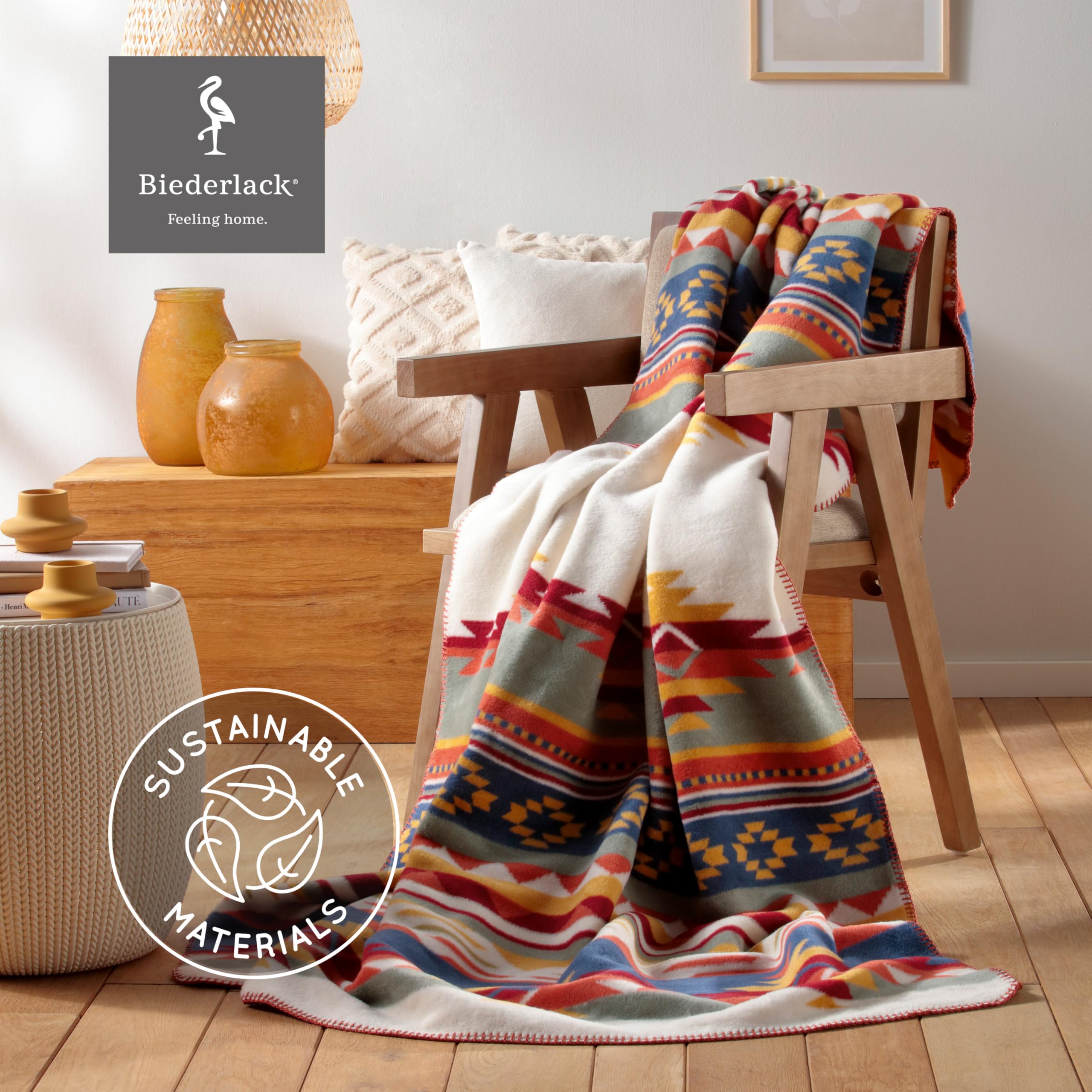 biederlack weiche Kuscheldecke 'Pueblo', Bunte Sofadecke in 150x200 cm | Made in Germany, Ethno Wohndecke in blau-gelb-grün-Natur, Tages-Decke aus Baumwoll-Mischgewebe, OKEO-TEX Made in Green