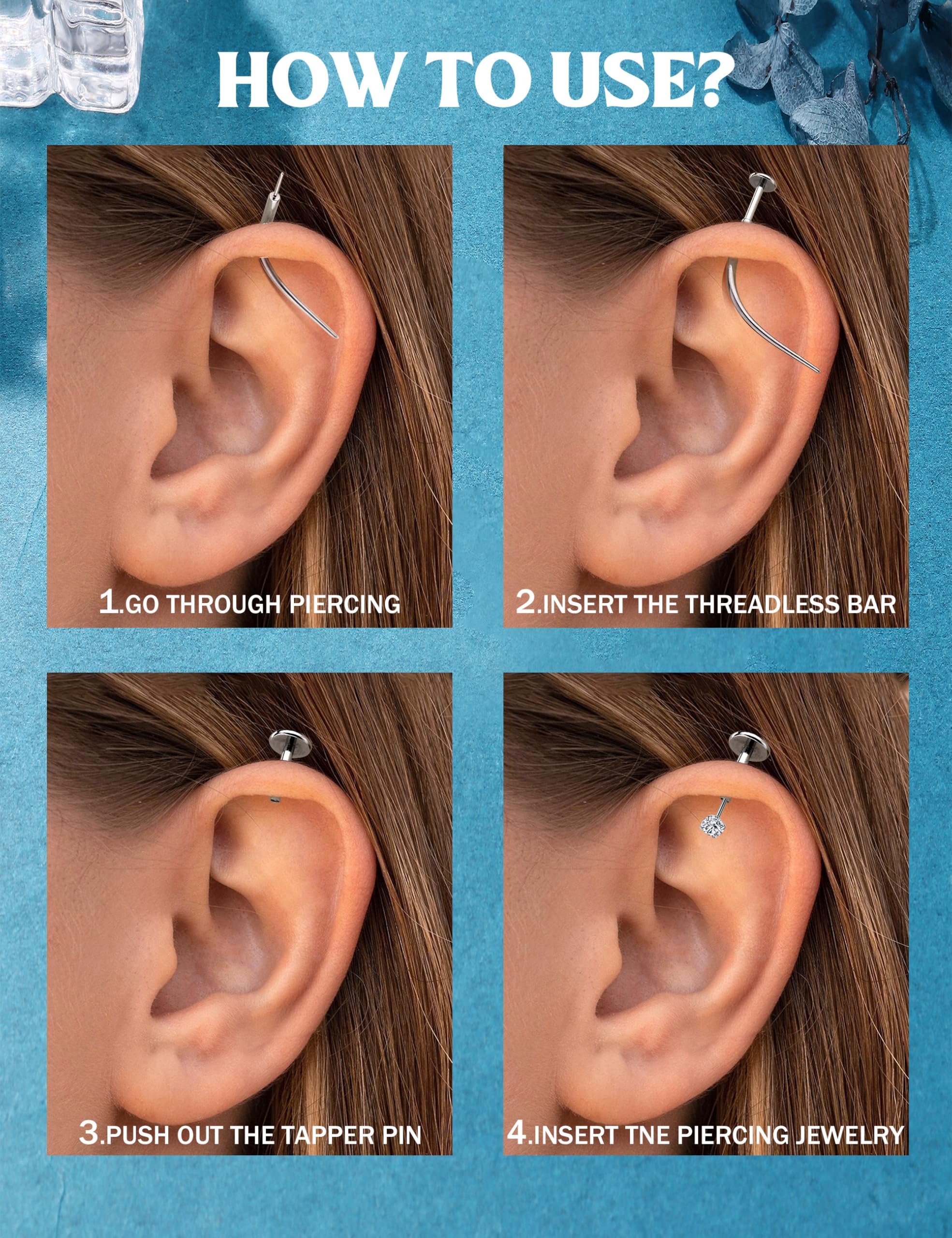 GXNRHG Biżuteria do piercingu Helix Zestaw do przekłuwania tragusa ze stali chirurgicznej Bezgwintowy wciskany płaski tył Labret Kolczyki do nosa Kolczyki na chrząstkę Obręcze Srebrna złota muszla