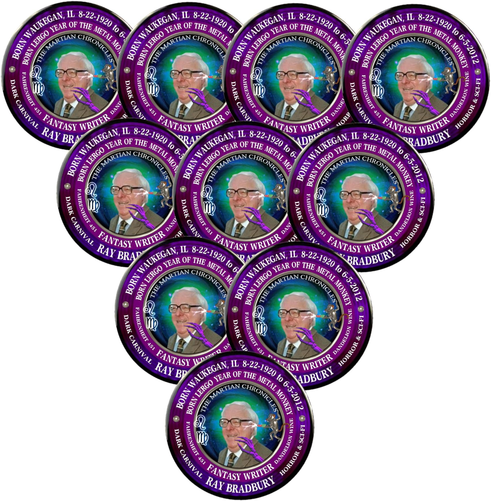 Pack-10 Ray Bradbury Writer Astrology Leo Virgo Cusp Zodiac Metal Monkey Pin