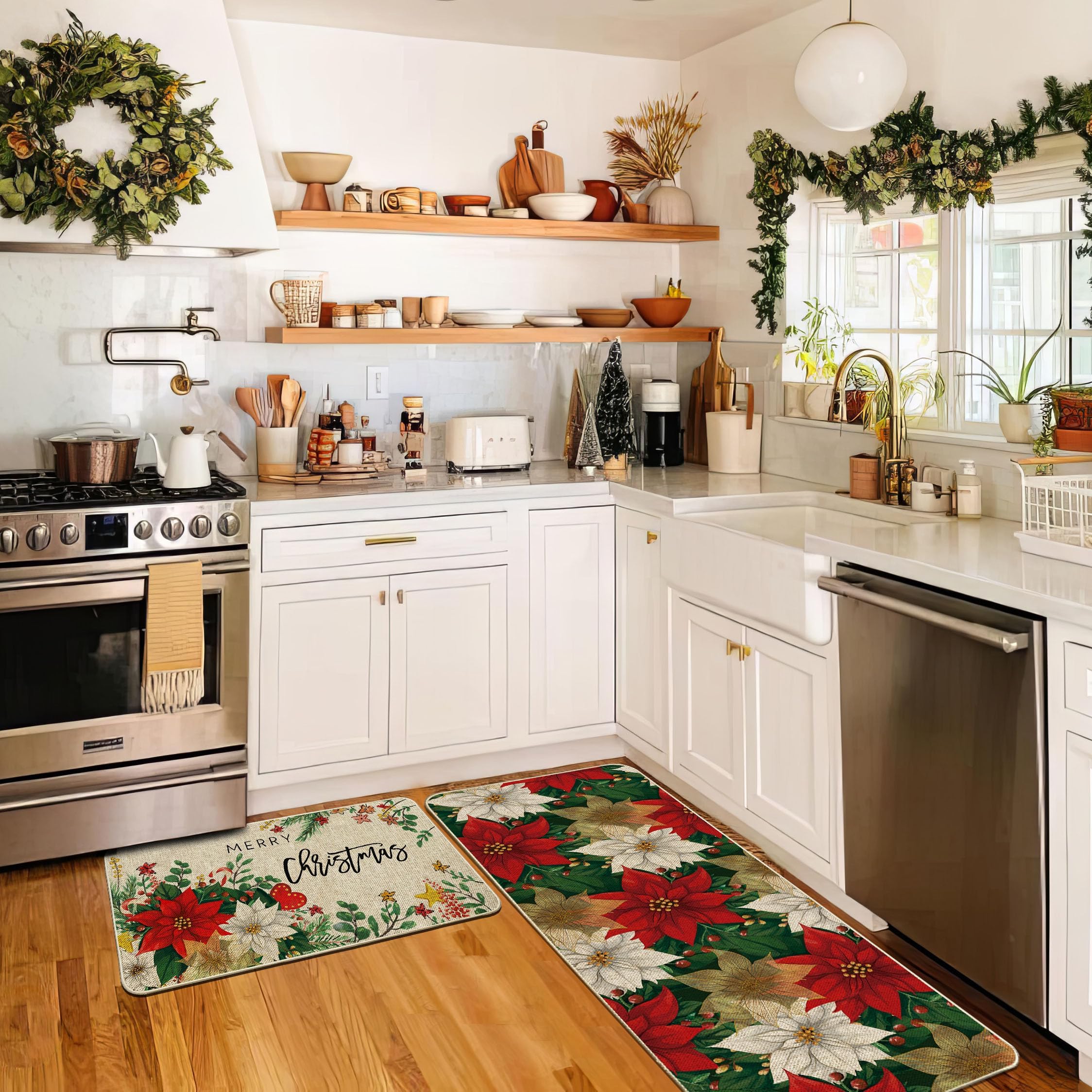 Baccessor Poinsettia Christmas Kitchen Rugs Set of 2, Holly Kitchen Mats for Floor Non Slip Winter Holiday Farmhouse Christmas Decoration 17x29 and 17x47 Inch