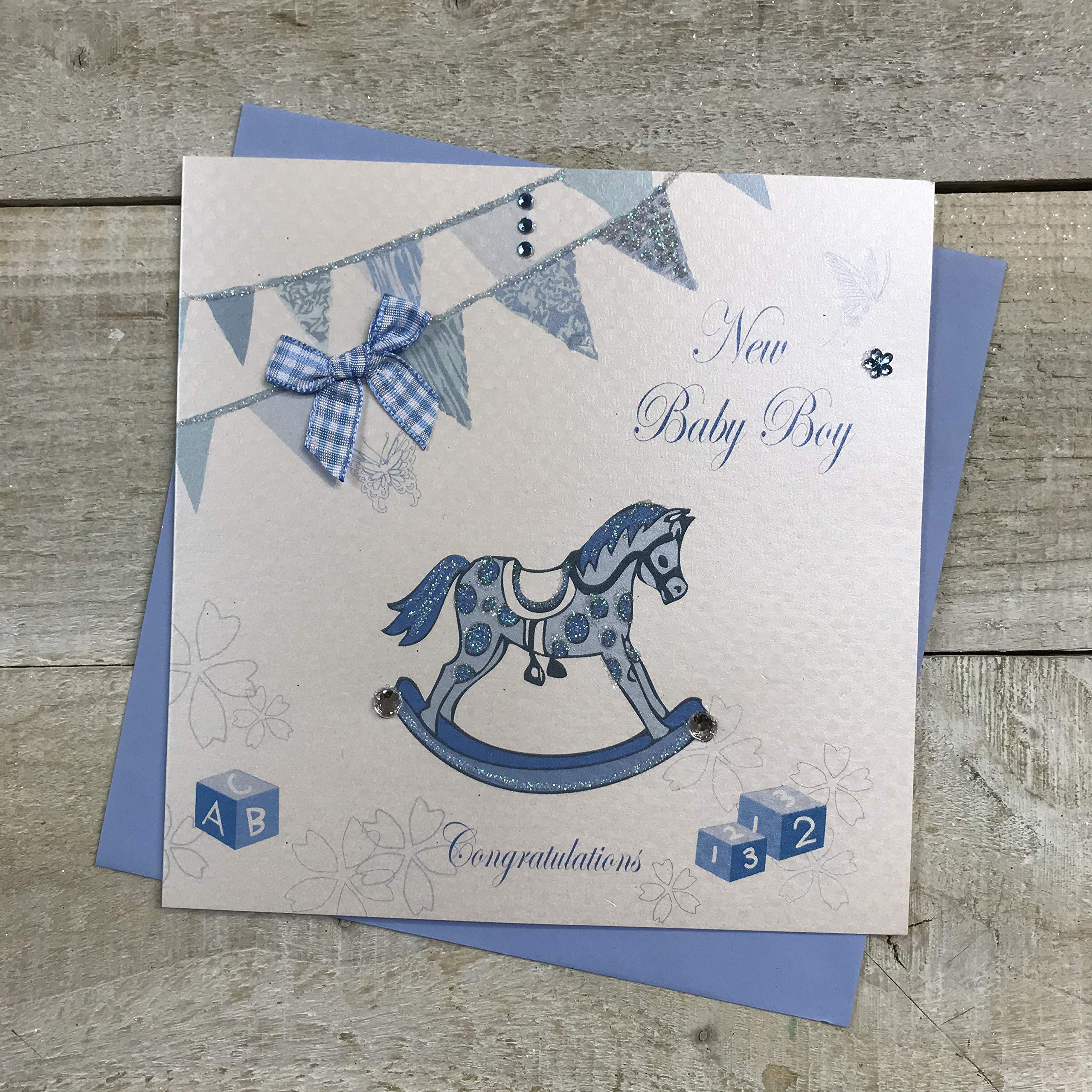 WHITE COTTON CARDS New Baby Boy Congratulations Card, White, PD58, 15cm x 15cm
