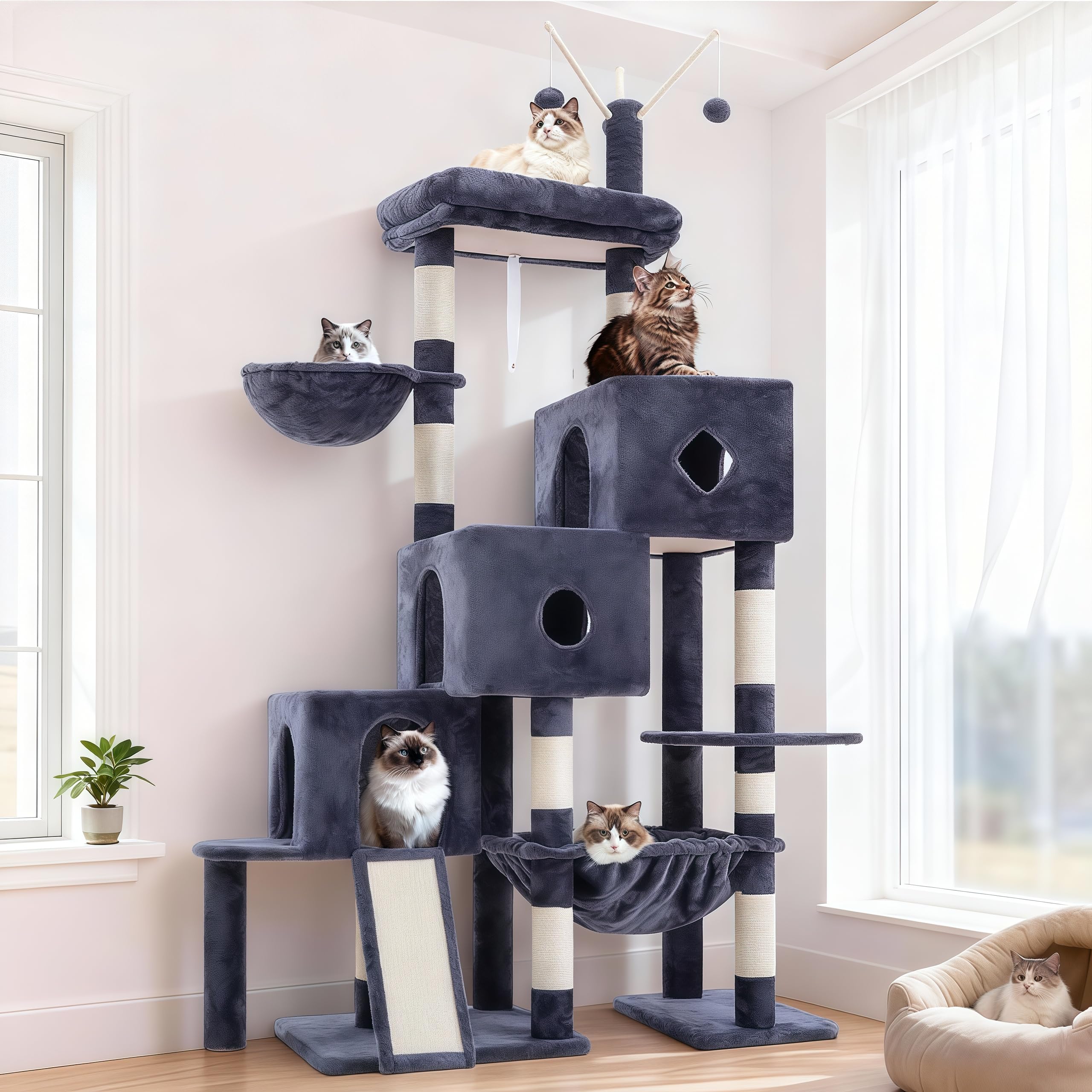 Hey-brother Kratzbaum, Stufiger Katzenbaum für Großkatze, mit 3 Katzenbetten, großer Hängematte, liegefläche und Sisalkratzbrett – großes internes Katzenmöbel, 160 cm hoch