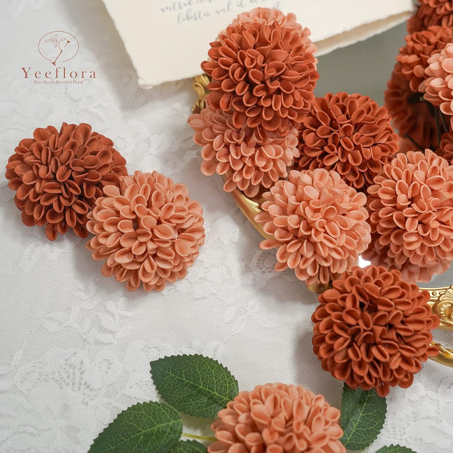 Artificial Flowers, 25pcs Rose for DIY Wedding Bouquets Centerpieces Arrangements, Terracotta Dahlia Flowers with Stem Bridal Shower Party Home Decorations - Image 3