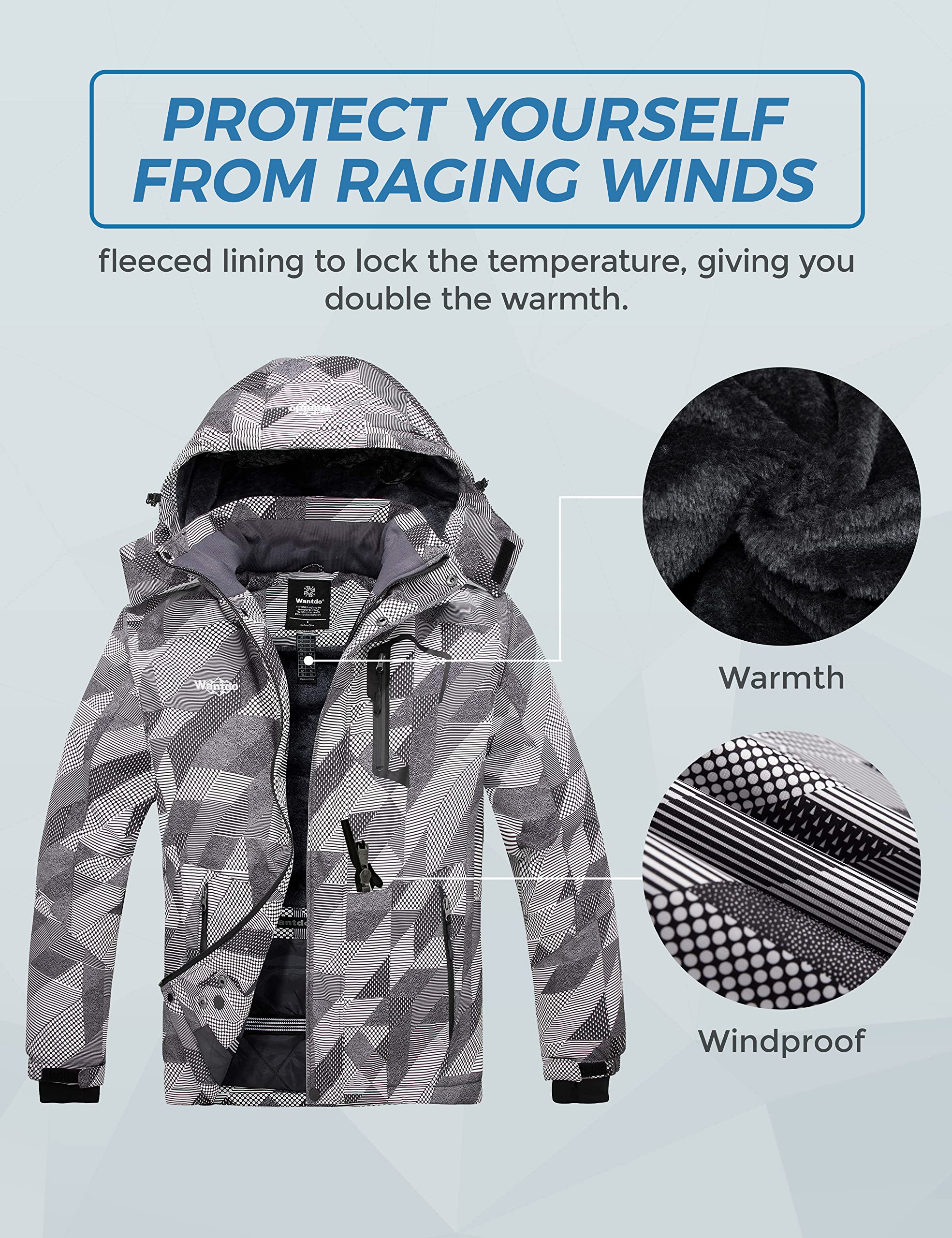 Wantdo Giacca da Sci Montagna Calda Invernale Parka da Neve Imbottita Cappotto da Snowboard in Pile Giubbotto con Cappuccio Impermeabile Uomo