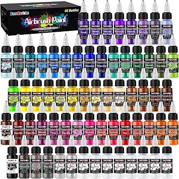 FansArriche Airbrush Paint, 59 Colors with 7 Thinners Acrylic Air Brush Painting Set, Ready to Spray Water-Based Opaque & Neon & Iridescent Acrylic Paint for Artists, 20 ml/Bottle