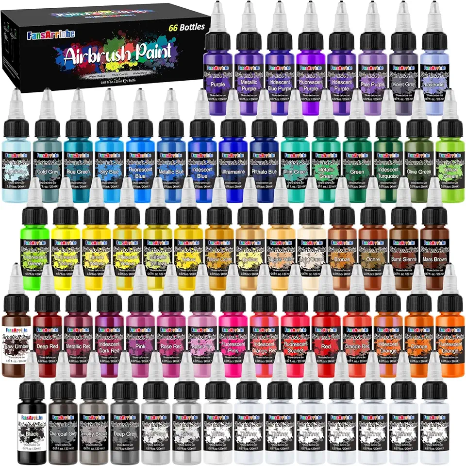 FansArriche Tinta para aerógrafo, 59 cores com 7 diluidores, conjunto de pintura acrílica airbrush pronta para pulverizar tinta acrílica à base de água opaca, neon e iridescente para artistas, 20 ml