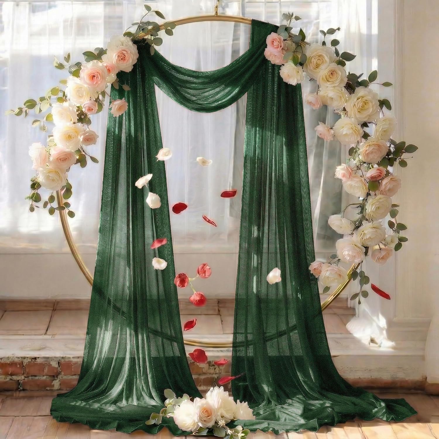 ® Pack of 1 Wedding Arch Drape Panel (30" Width x 20ft Long) Sheer Chiffon Arbor Canopy Drapery Fabric for Wedding Ceremony Reception Decoration Party Ceiling Backdrop Curtains - Hunter Green thumbnail