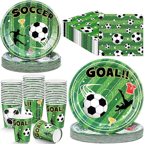 240 piezas de suministros de fútbol para fiesta de fútbol, servilletas desechables, platos de papel y vasos de papel, suministros de decoración