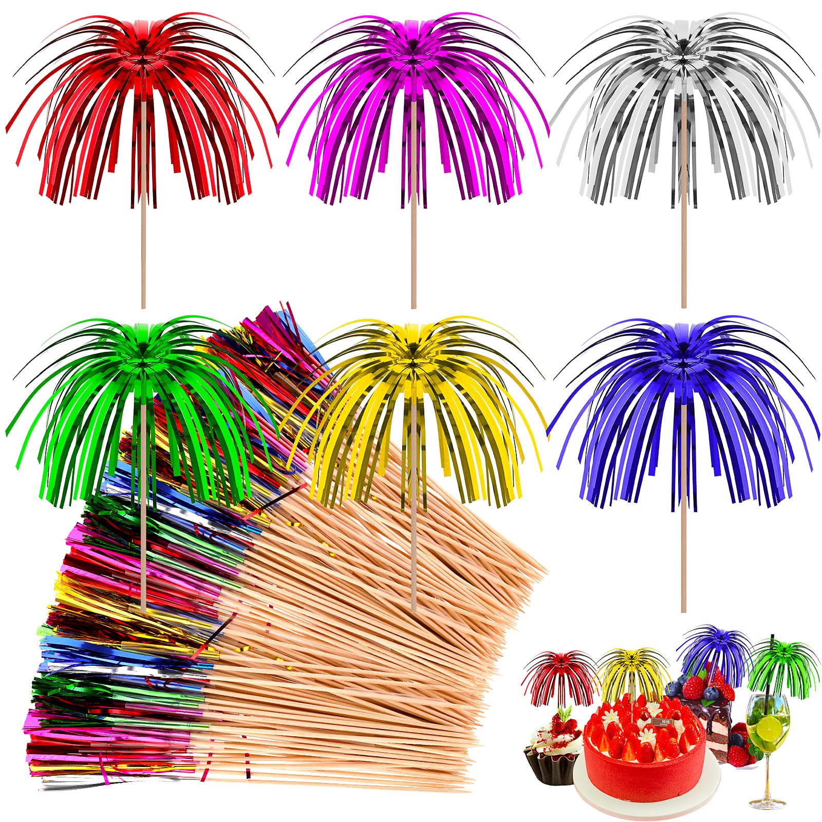 ASTER 100 pinchos para cócteles, 15 cm, coloridos fuegos artificiales, paraguas, decoración de palmeras, paraguas para fiestas, bebidas, decoración de frutas, bares, aperitivos