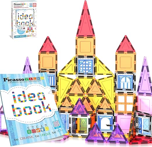 PicassoTiles 21pcs Magnetic Tiles Magnet Toys Building Blocks Construction Set with 110+ Pages IdeaBook STEM Learning Playset Toddlers Educational Fun Play Kids Boys Girls Sensory Toys Ages 3+ PT03