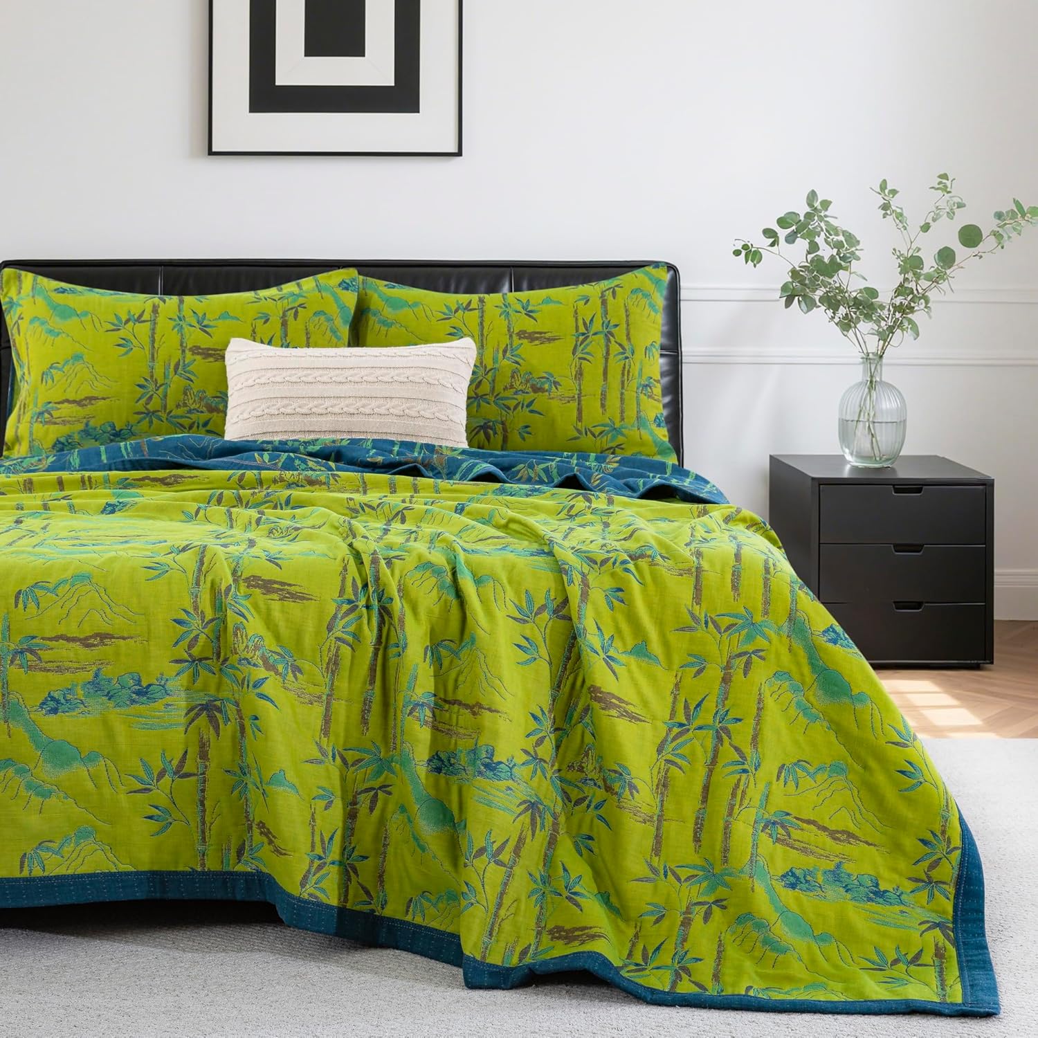 100% Cotton Muslin Jacquard 3 Piece Quilt Set Botanical Bamboo Leaf Print, Soft 3 Layers Gauze Bed Cover Reversible Bedspread Coverlet Breathable Lightweight Bedding Set, Queen - Image 2