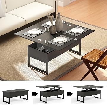 Manora 40" Multi-Functional Lift-Top Coffee Table, 4 in 1 Convertible to Dining Table with Hidden Storage, Farmhouse Style Center Table for Living Room, Home Office & Small Spaces Dark Brown