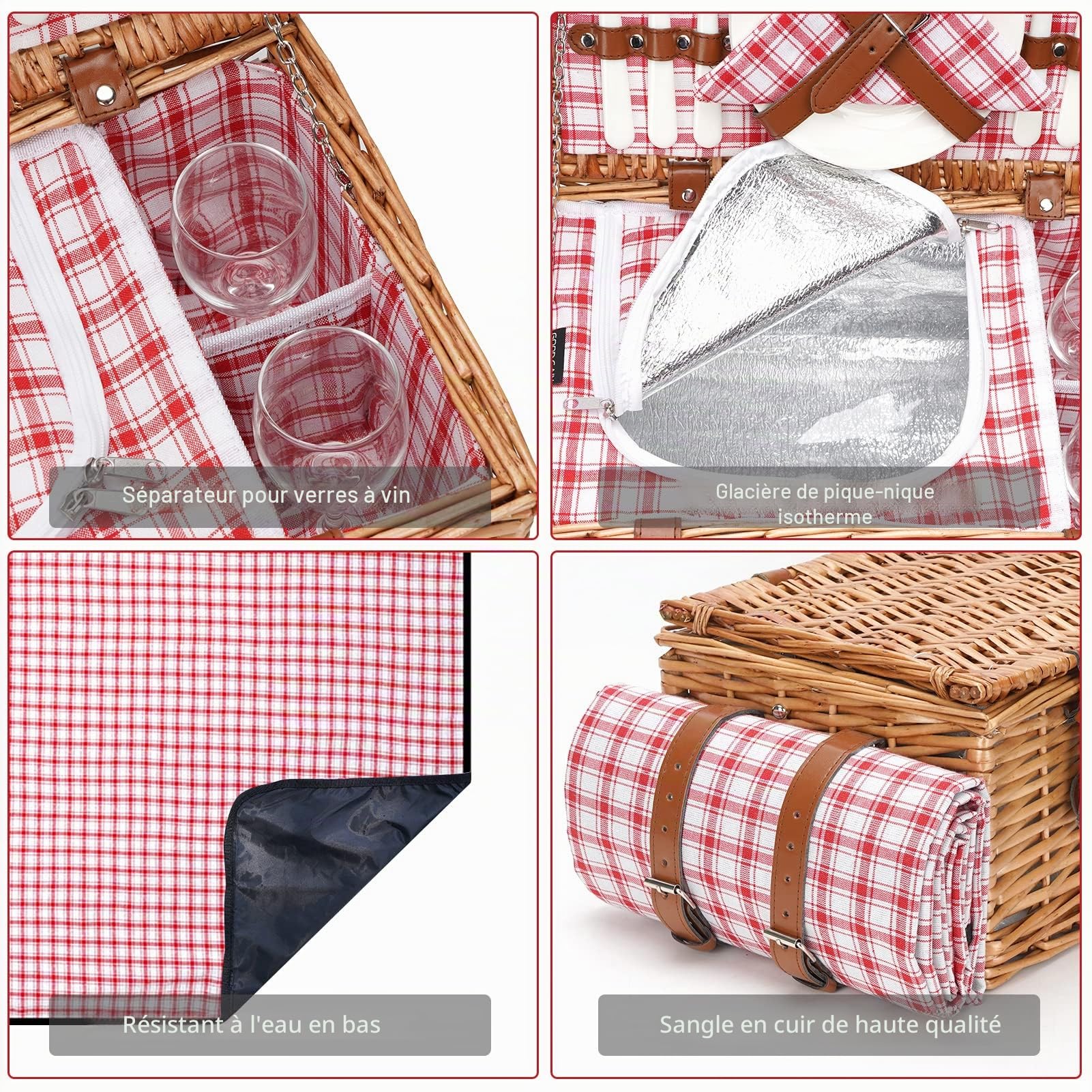 Panier de pique-nique en osier pour 2 personnes avec couverture de pique-nique imperméable et grand compartiment isotherme - Panier de pique-nique en saule avec kit de couverts pour camping, mariage