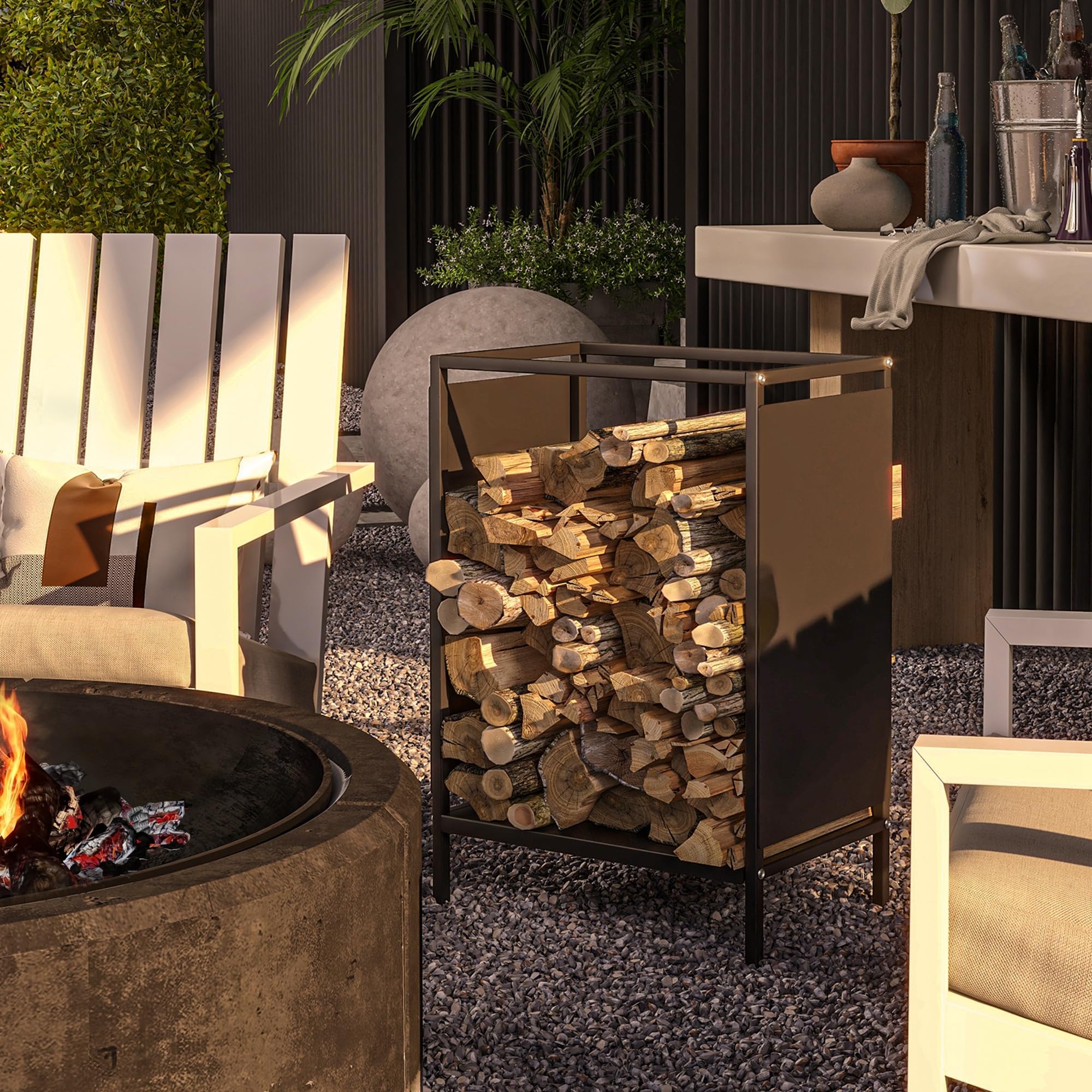 Outsunny Range bûche interieur porte bûche de cheminée support de bois de chauffage pour intérieur extérieur, rack de stockage en acier, 44 x 28 x 65 cm, noir