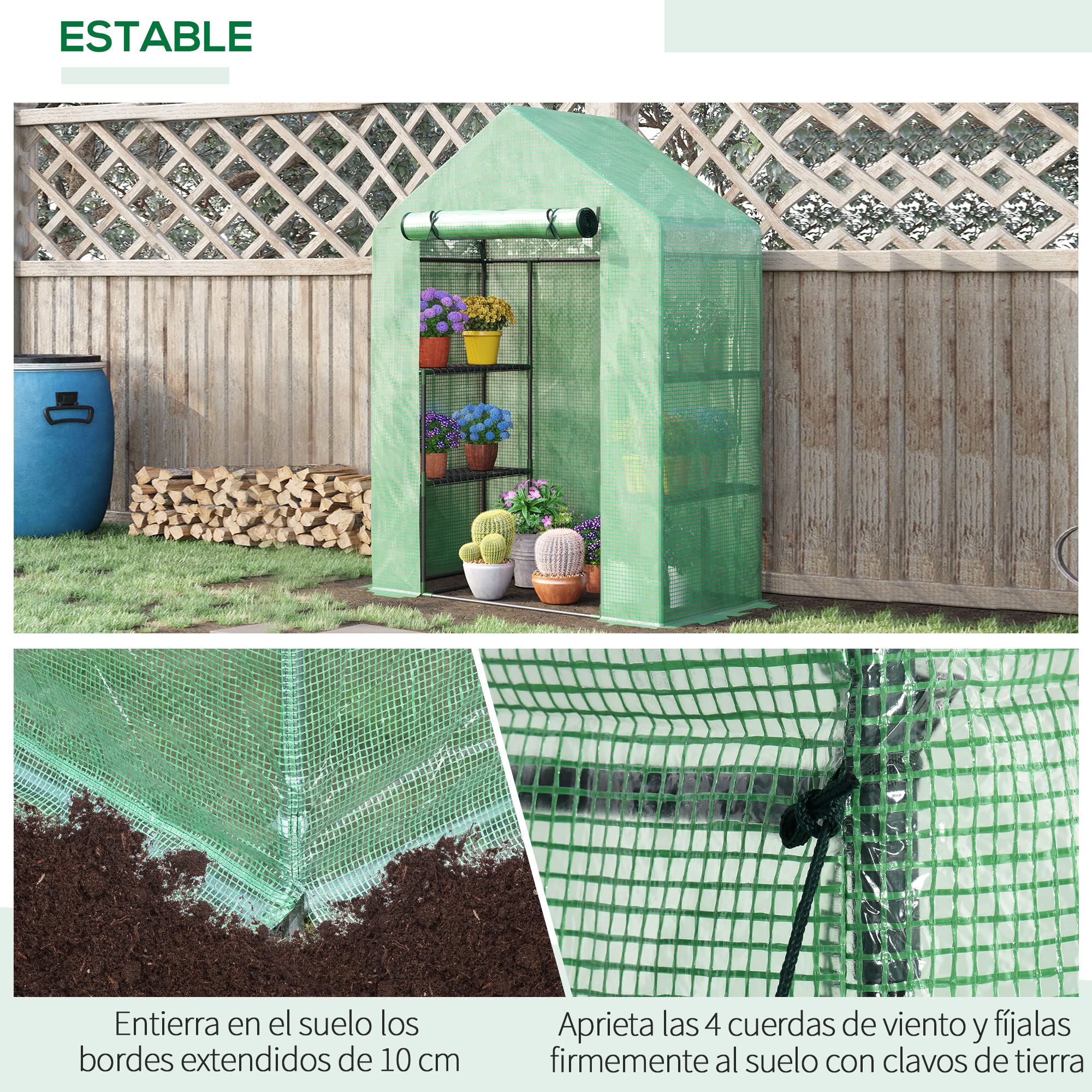 Outsunny Invernadero de Jardín con 4 Estantes 141x72x191 cm Verde | Puerta Enrollable, Cubierta de PE 140g/M², Marco de Acero, para Cultivos Plantas Macetas Flores