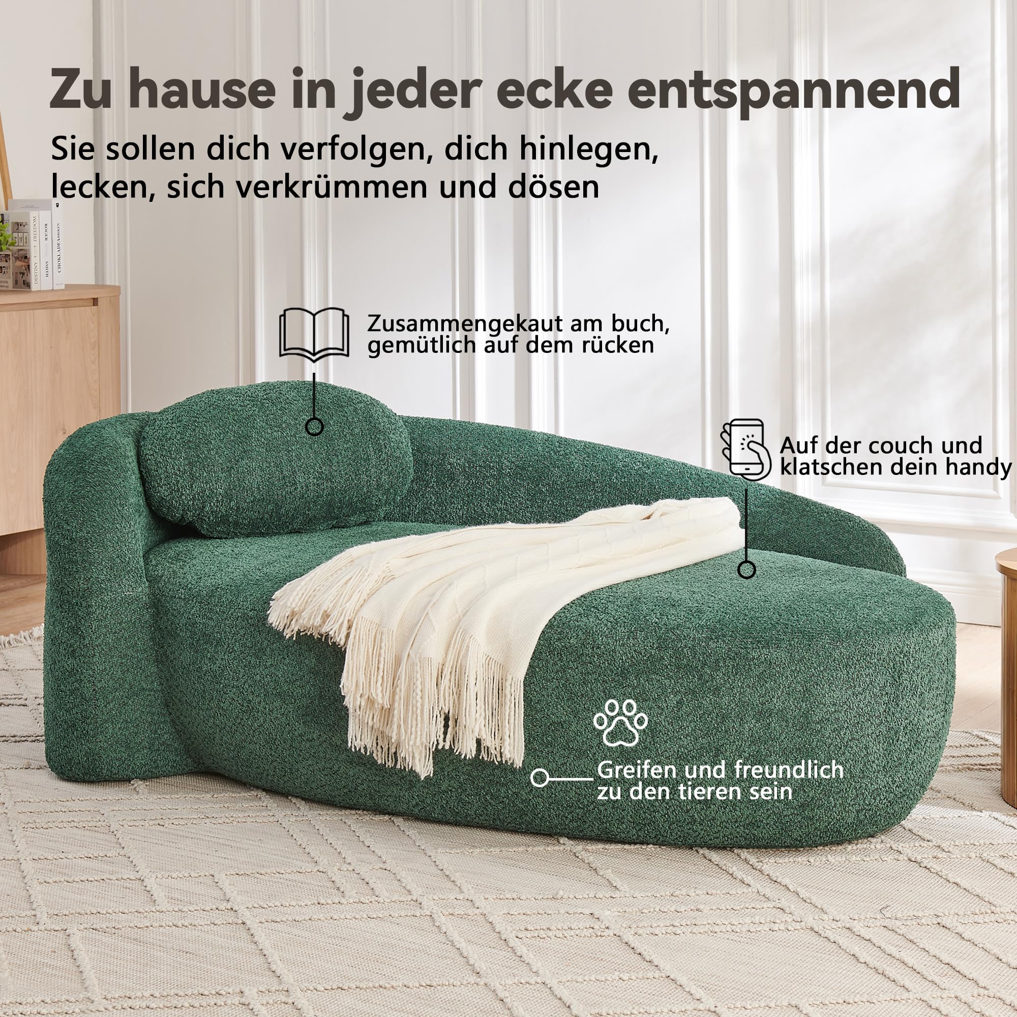Sofa polarowa z zaokrąglonym wzorem – miękka sofa tapicerowana z przytulnego materiału pluszowego, 1-osobowa z poduszką, do salonu, sypialni, studia (kolor zielony)