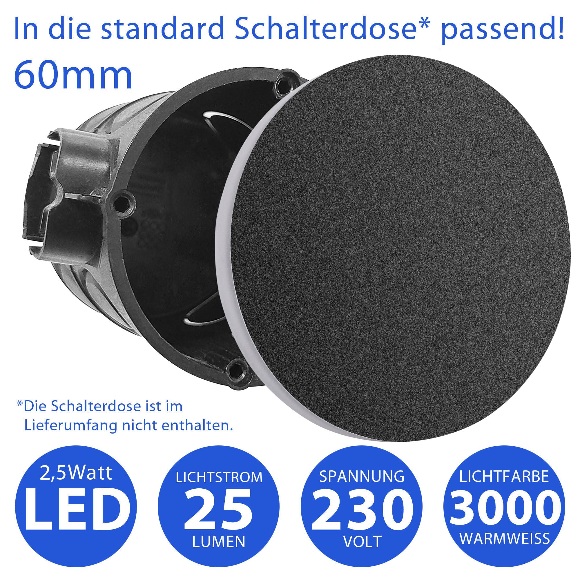 Maxkomfort 6er SET Treppenbeleuchtung LED schwarz 230V, Warmweiß 2,5W, Rund, Einbau Wandstrahler, Flur Nachtlicht - 6107-BK