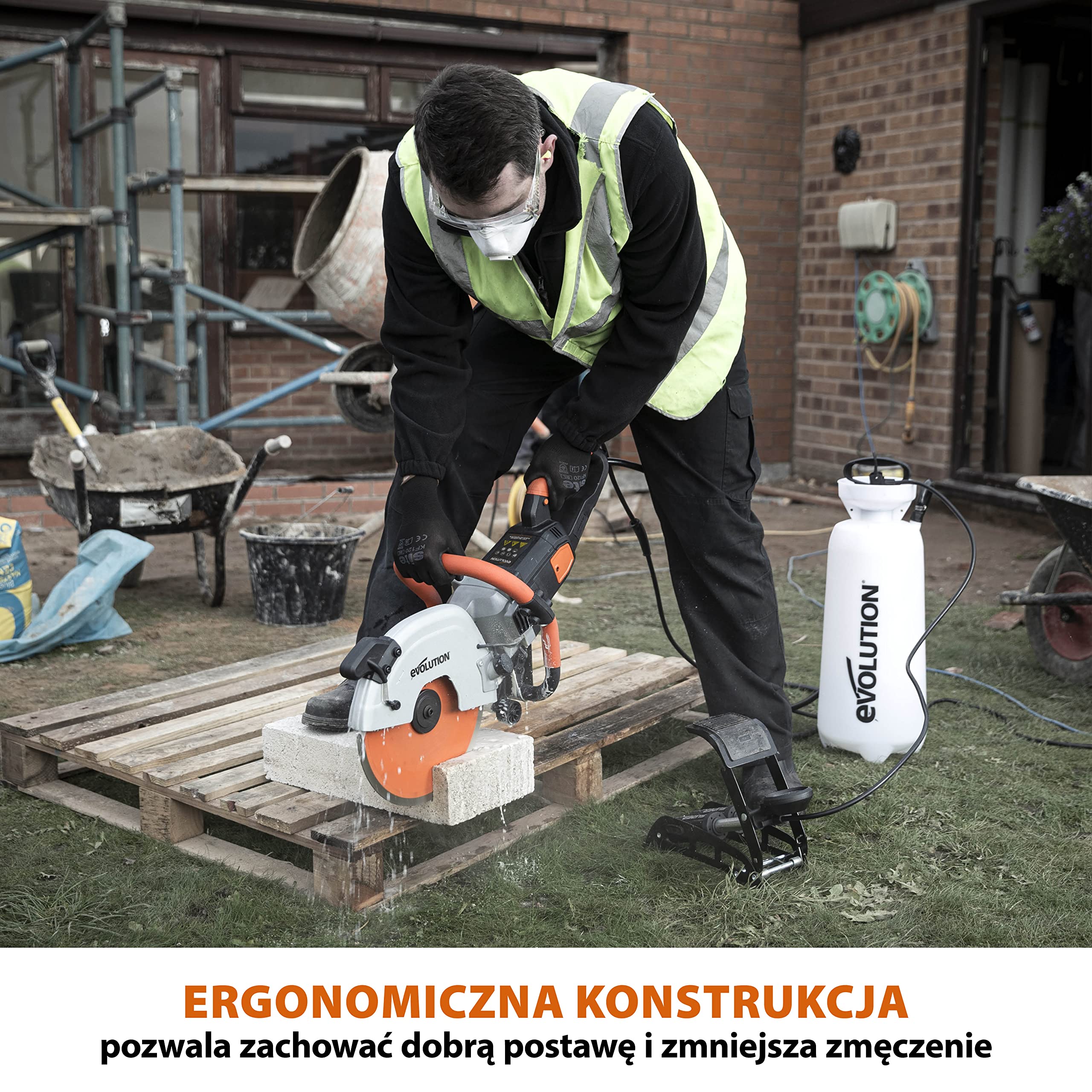 Evolution Power Tools Elektryczna przecinarka tarczowa i pilarka do betonu R300DCT+ z funkcją tłumienia pyłu z użyciem wody i tarczą diamentową Premium 300 mm