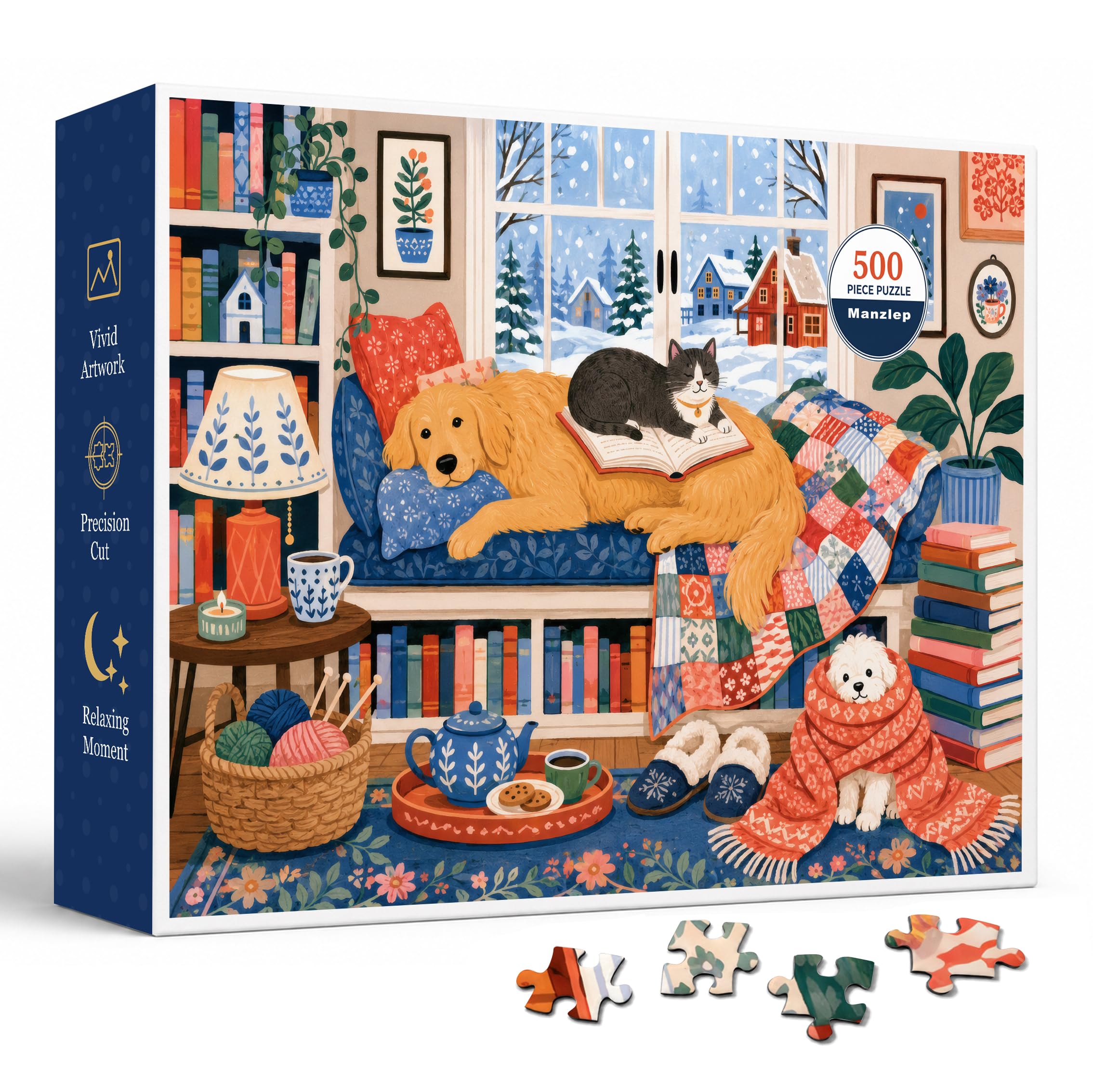 Cozy Winter Reading Nook 500 Piece Jigsaw Puzzle for Adults, Snowy Window Seat Scene with Golden Retriever, Cat, Quilt, Books, Tea Tray and Cottage Interior Art, Warm Folk Style, 20.5 x 15 in