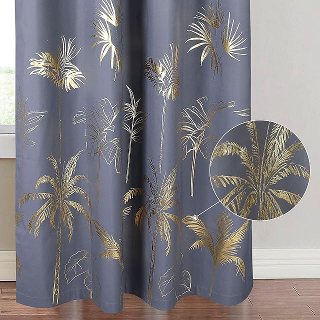 Chlophy Grey Blackout Curtains Gold Foil Printed Bedroom Palm Leaves Trees Luxury Eyelet 46×90 Lined Thermal 100% Total Room Darkening Window Curtain Living Room 2 Panels Nursery Boys Girls
