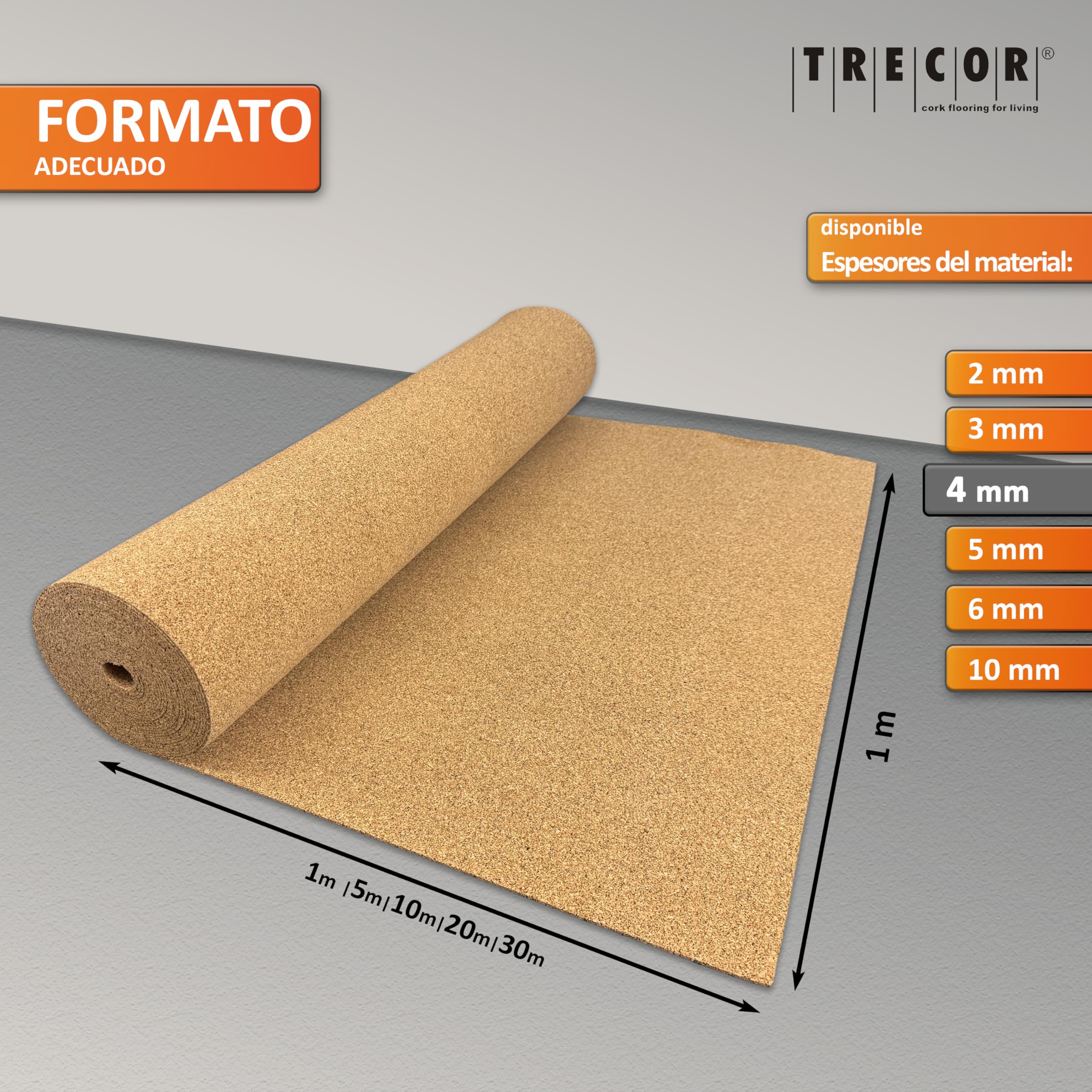 Base de corcho TRECOR aislante del ruido de impacto - 4 mm de espesor - Para suelos laminados y de parquet - Compra (20 m²)