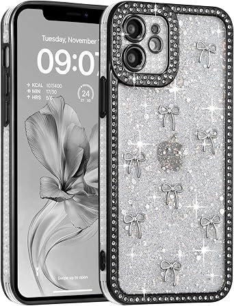 FABSPARK Clear Case for iPhone 12,Glitter 3D Bow,Black/Silver Bow